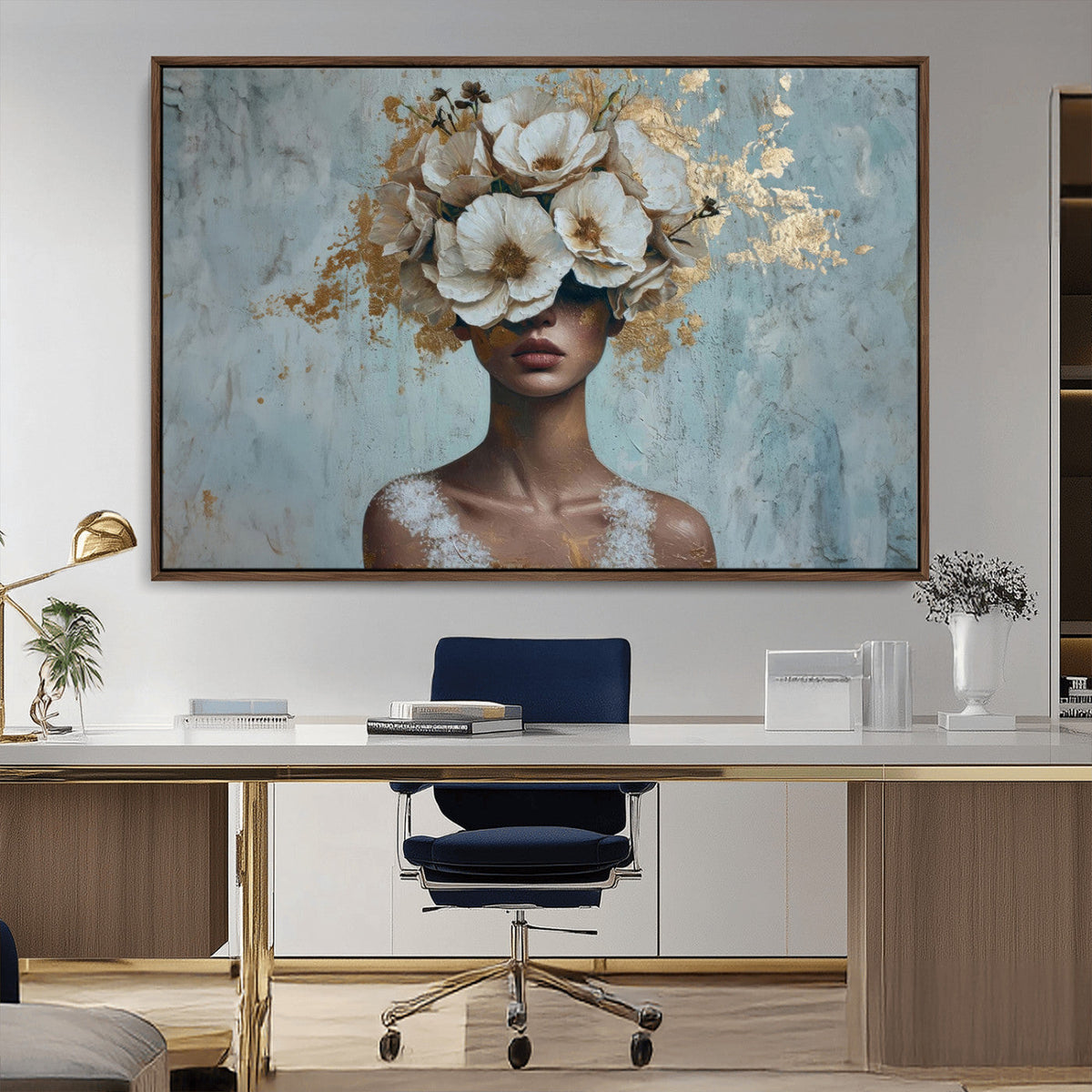 Golden Petal Wall Art - Petal Silhouette Woman Wall Art