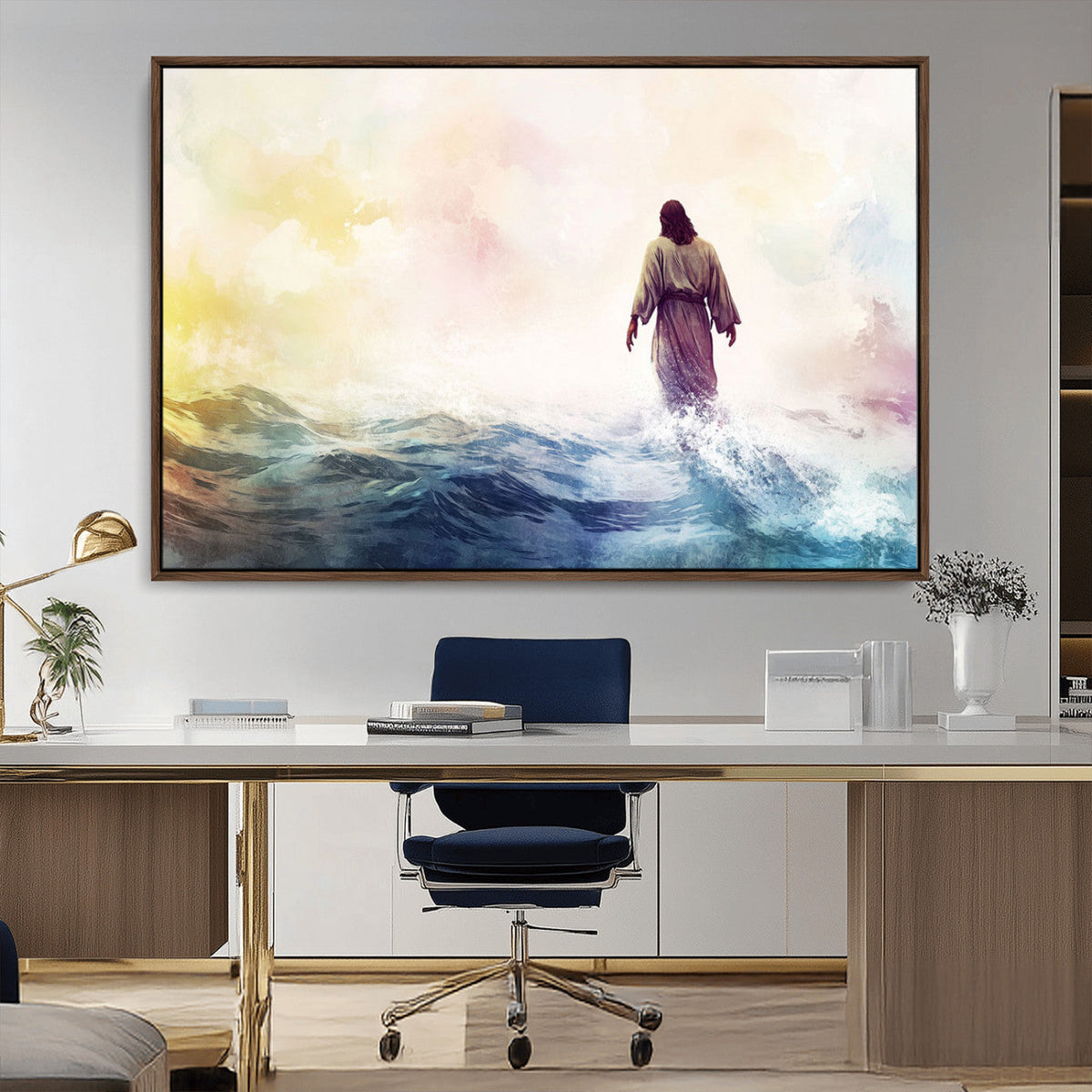 Watercolor Jesus Walking on Water Canvas Print, Christian