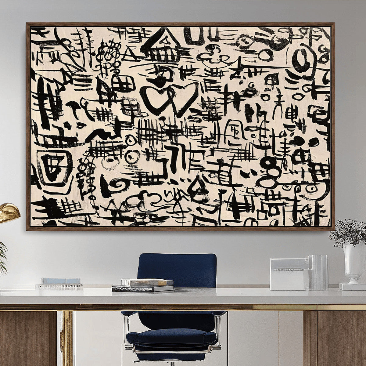 Abstract Love and Chaos Canvas Print, Black Symbols on Beige