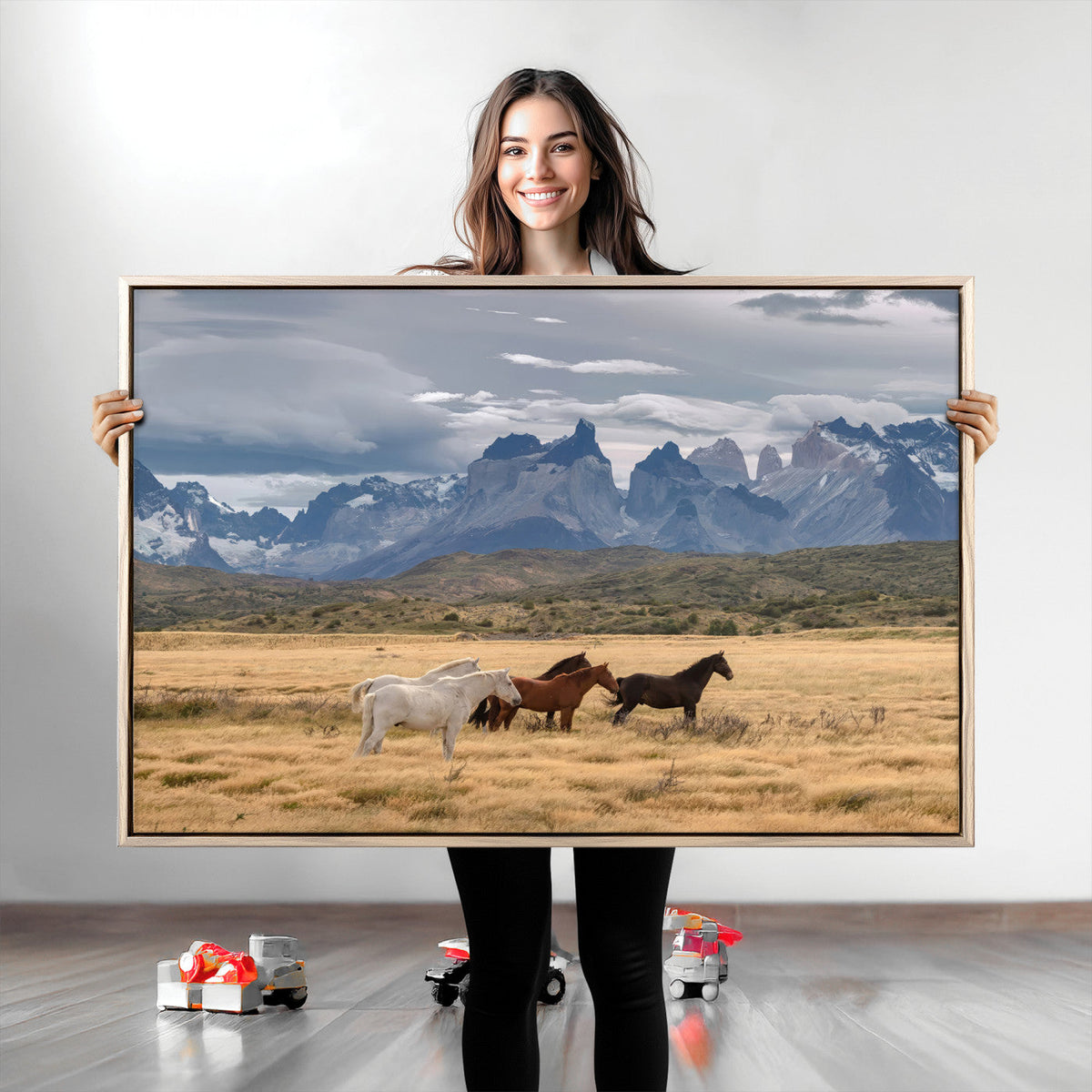 Grand Teton Park Wild Horses Wall Art Canvas Print – Framed