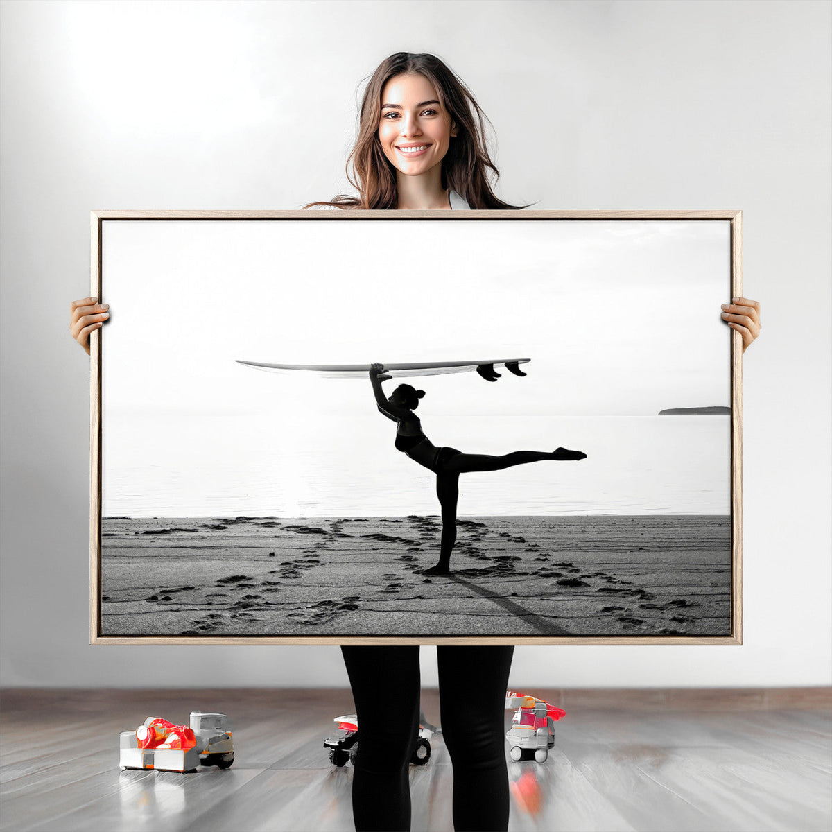 Yoga Surf Wall Art Canvas Print – Framed Black White Shore
