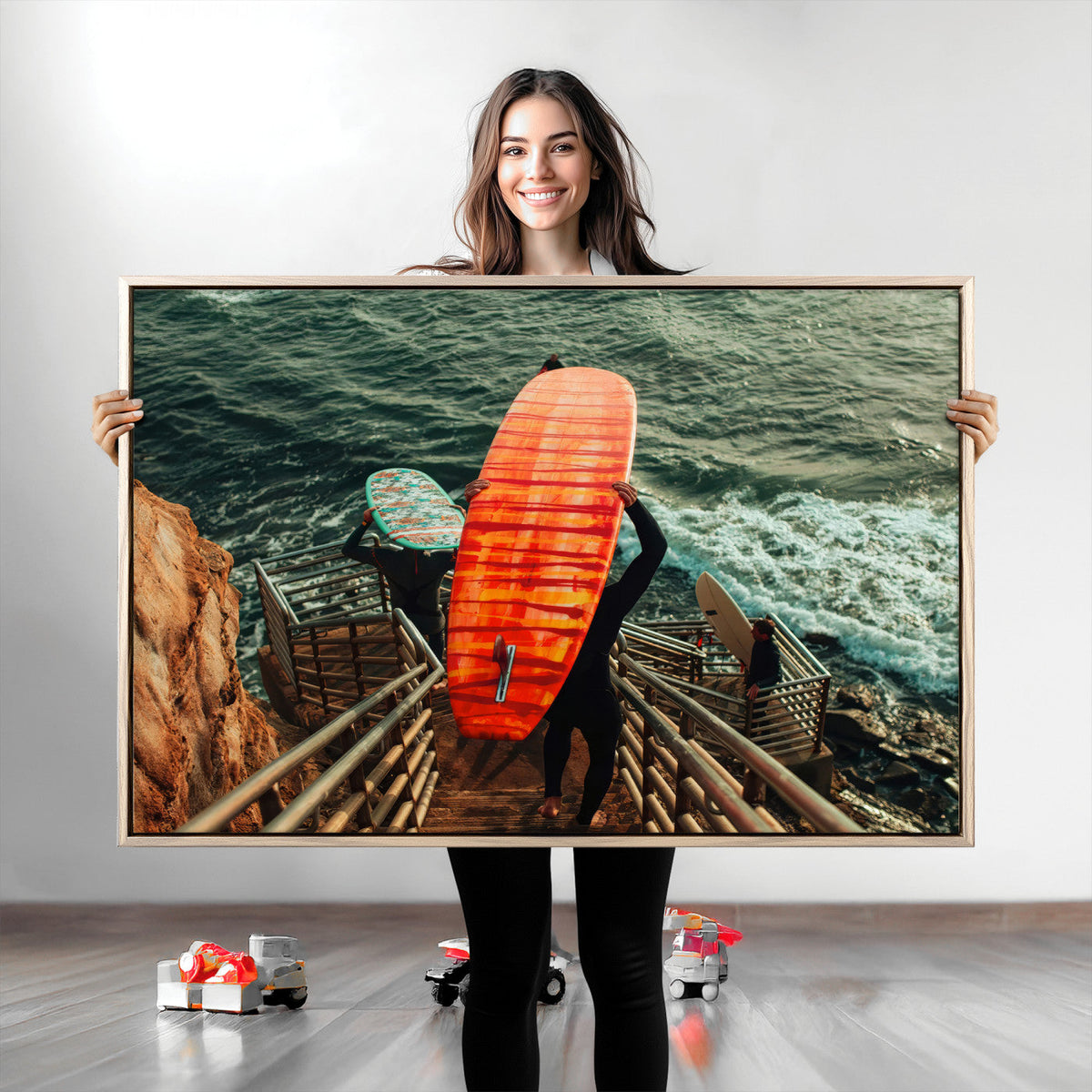 Surfer Stairway Wall Art Canvas Print – Framed Ocean Surf