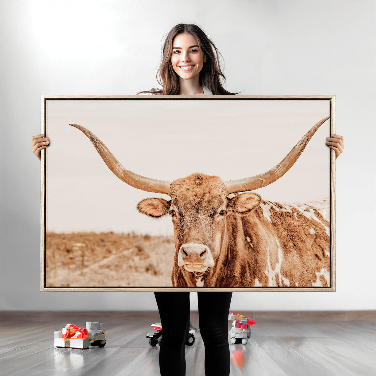 Texas Longhorn Wall Art Canvas Print – Framed Sepia Cow Art