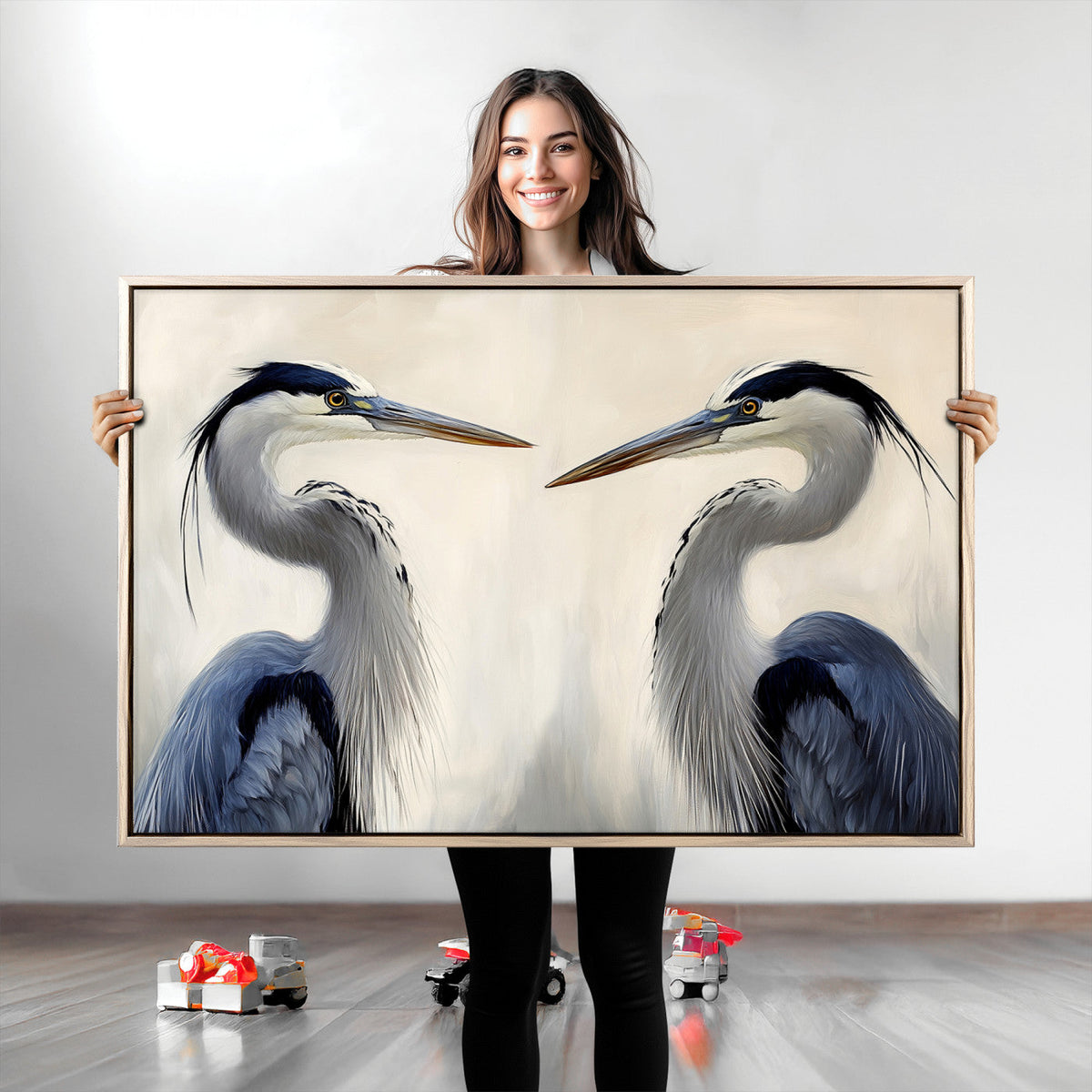 Blue Heron Pair Wall Art Canvas Print, Framed Coastal Bird