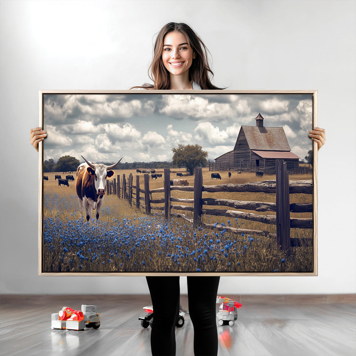 Texas Longhorn Canvas Wall Art Print – Framed Rustic Barn