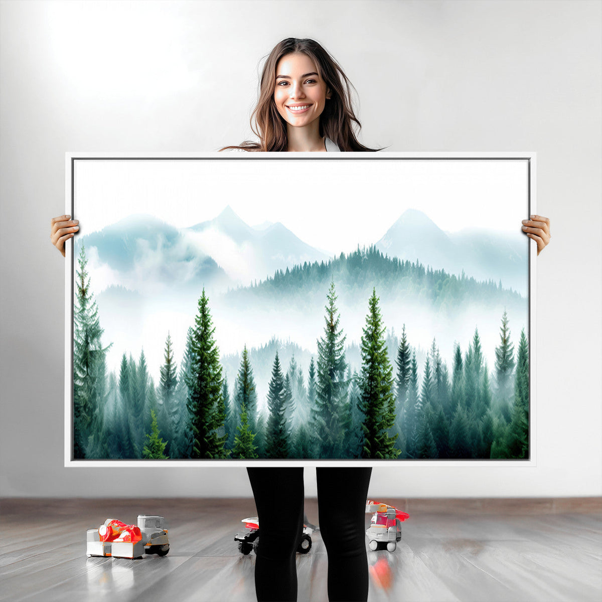 Pine Forest Wall Art Canvas Print – Misty Mountains Foggy