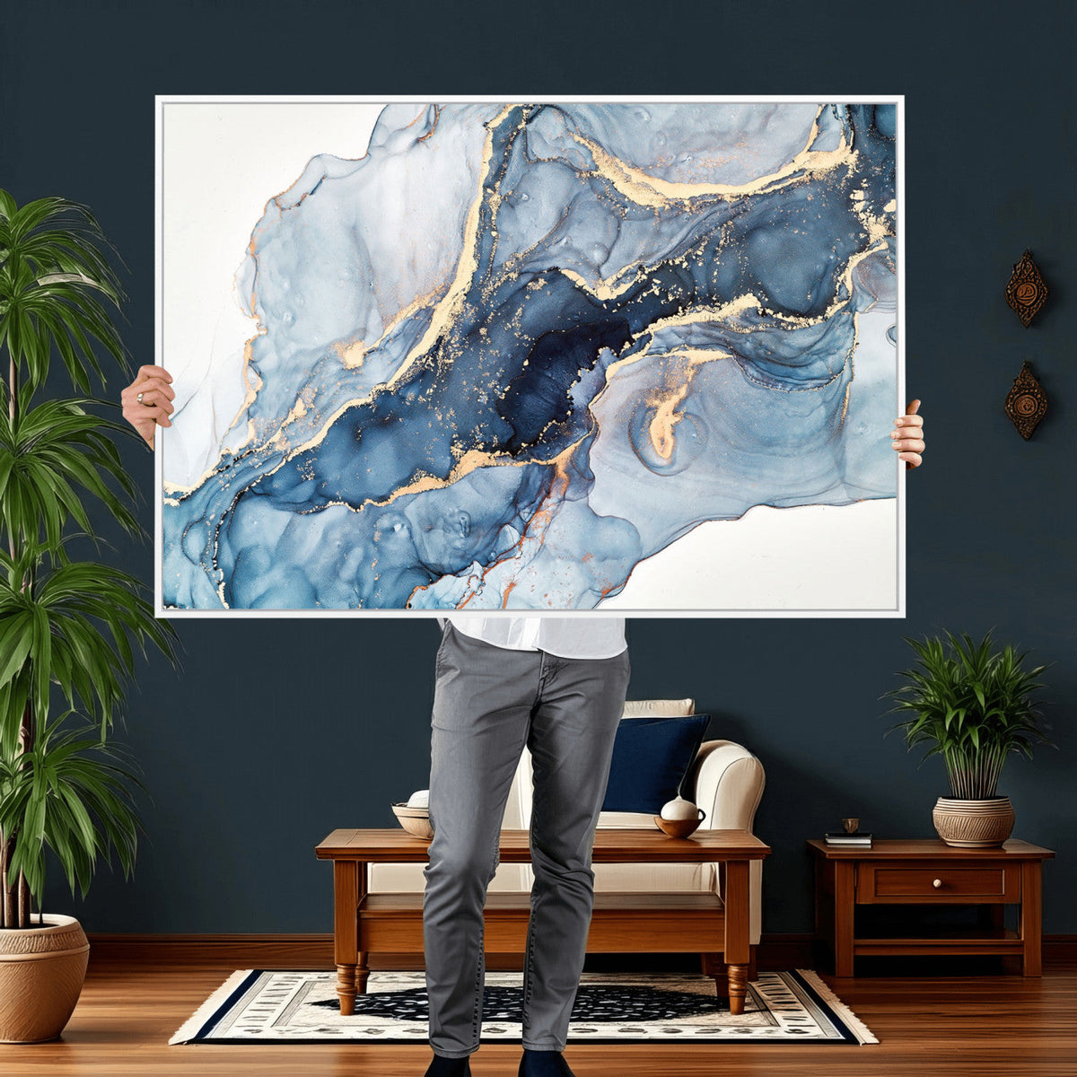 Blue Abstract Canvas Wall Art Print | Fluid Marble Effect Abstract Art