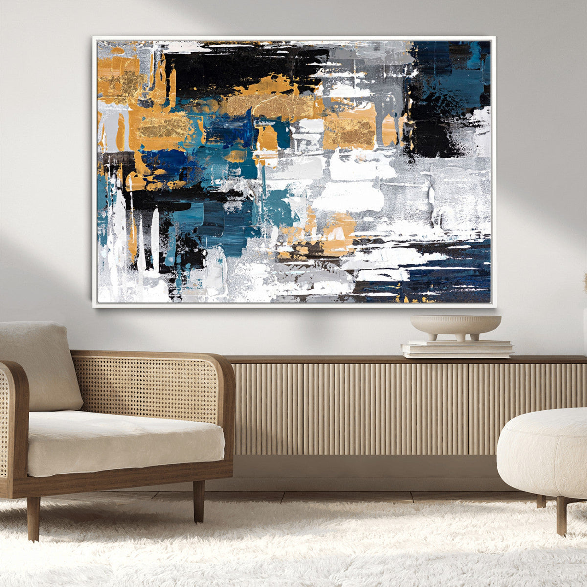 Blue and Gold Abstract Canvas Wall Art – Triptych Modern