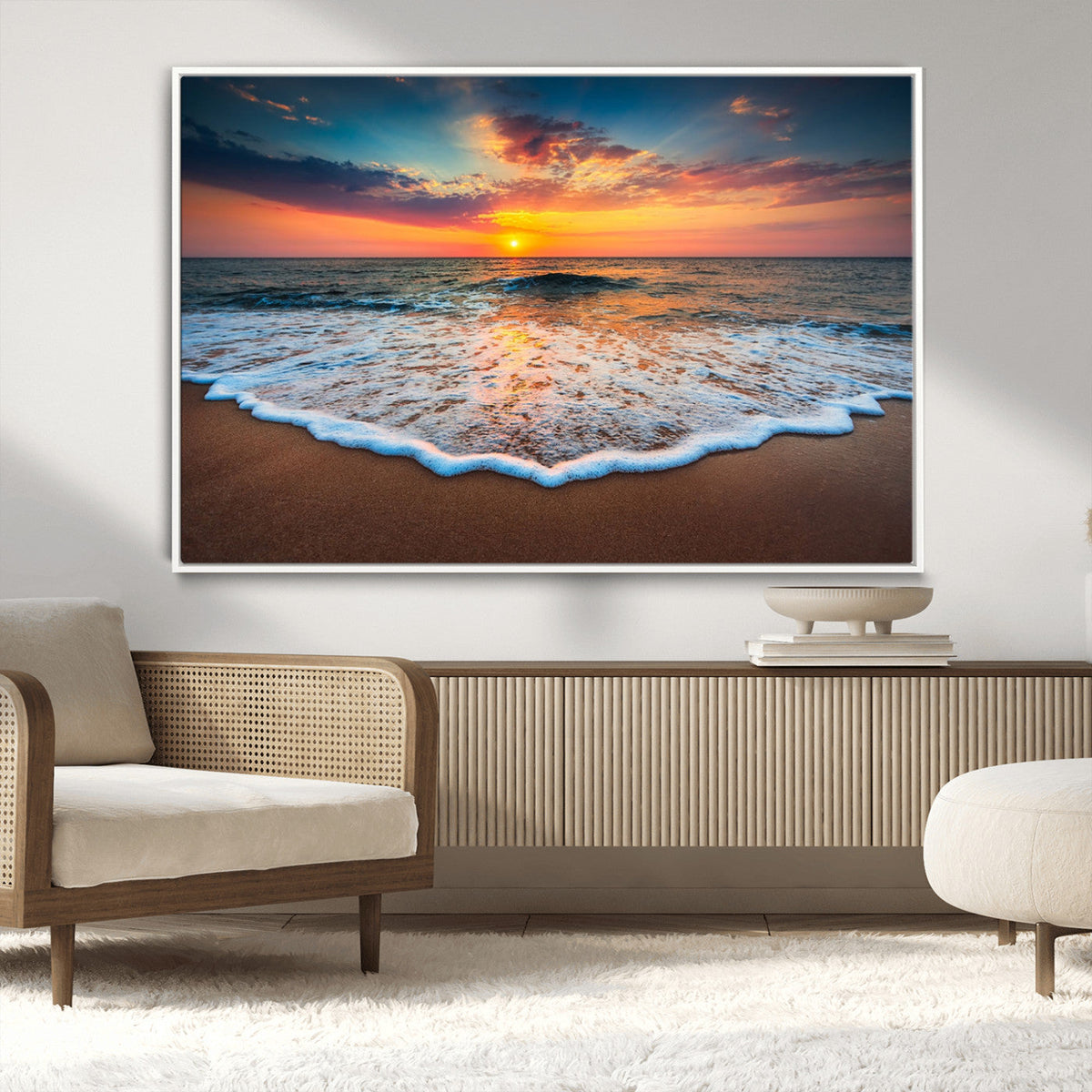Sunset Beach Canvas Wall Art – Colorful Ocean Waves Triptych