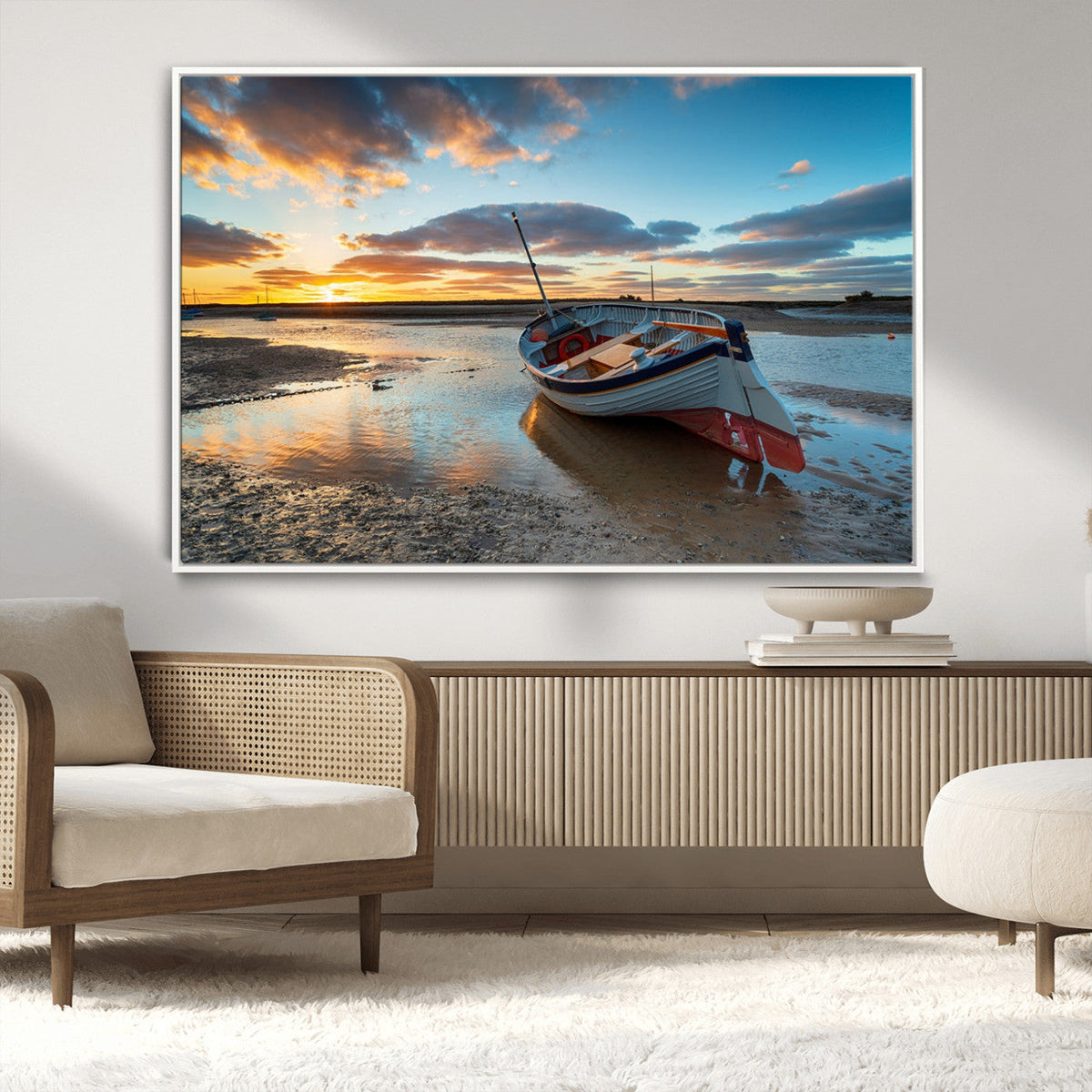 Small Boat At The Beach Sunset Wall Art, Boat Sunset Wall