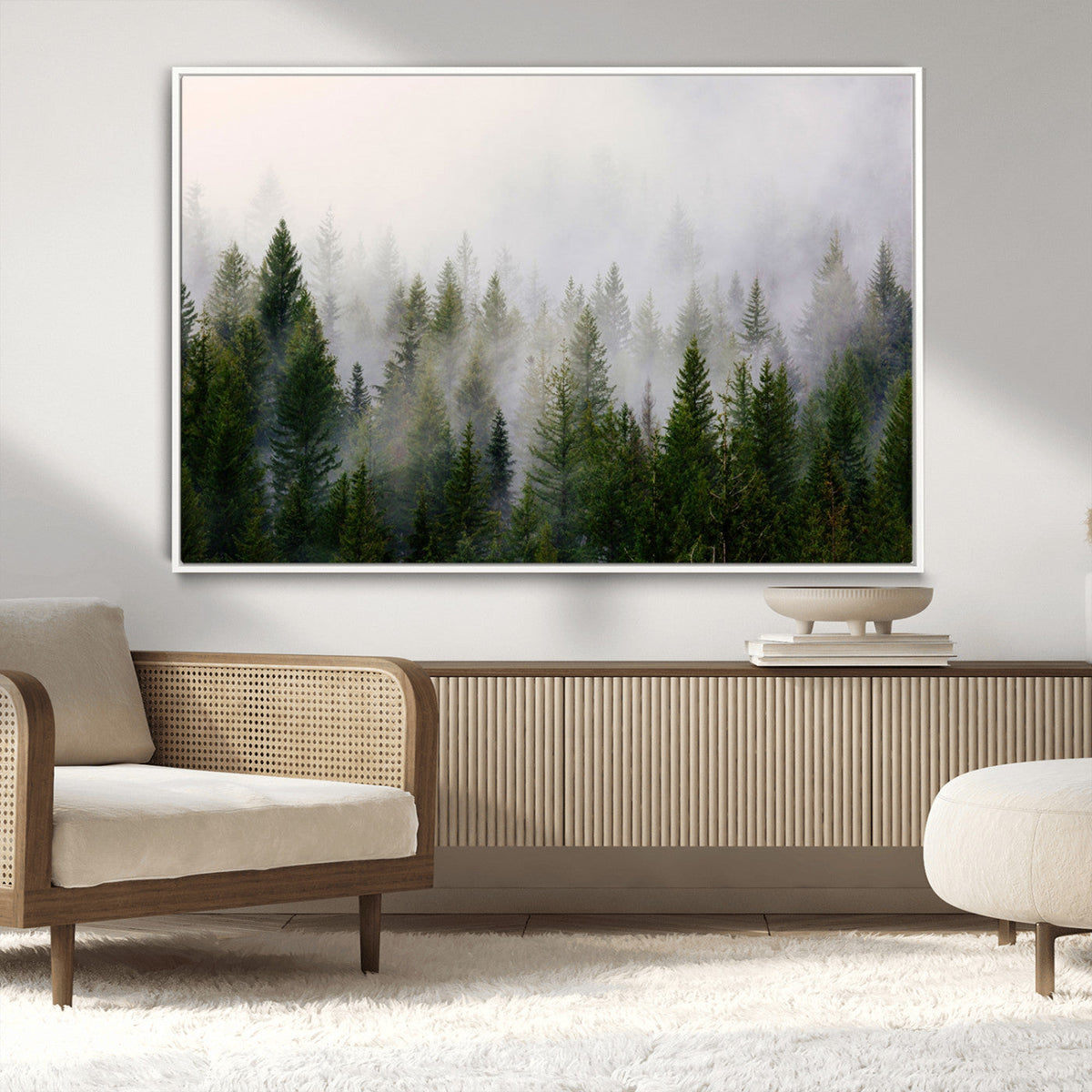 Misty Pine Forest Wall Art Canvas Print | 3 Panel Green