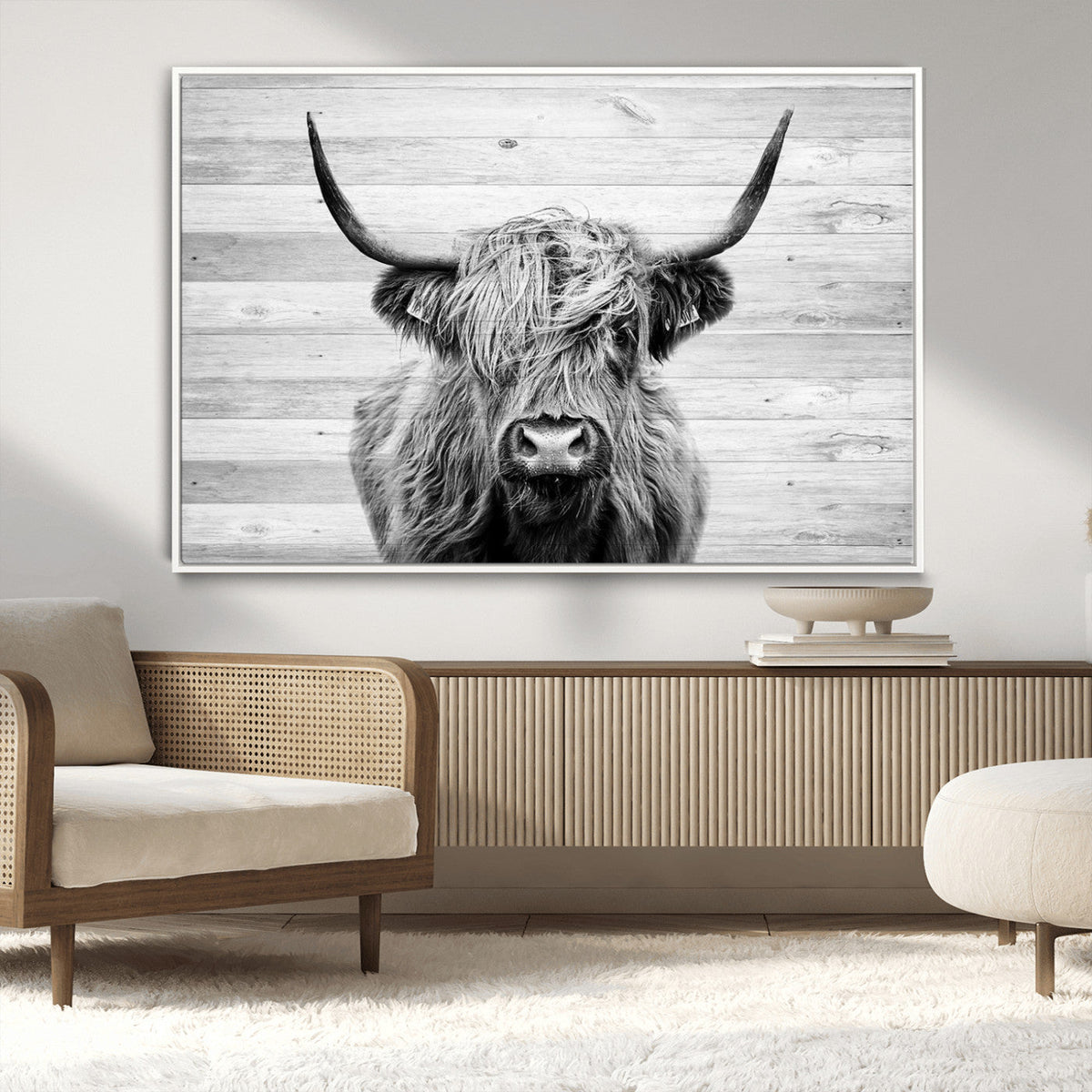 Scottish Highland Cow Cattle Art Print on Wood Background