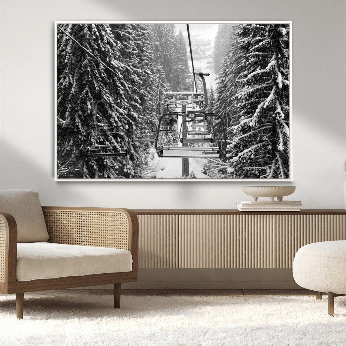 Winter Ski Lift Black and White Canvas Wall Art – Alpine