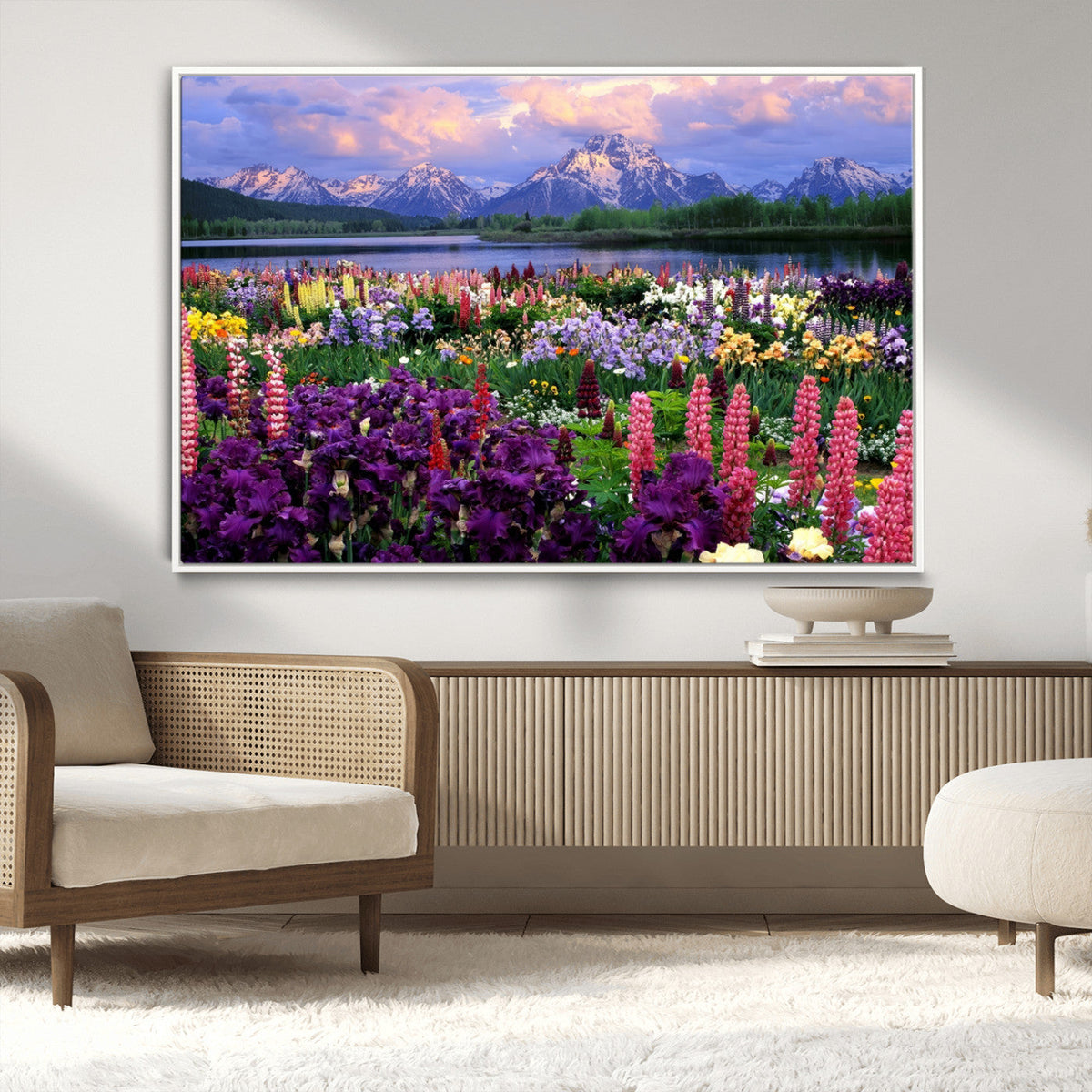 Vibrant Wildflower Garden and Mountain View Giclee Canvas