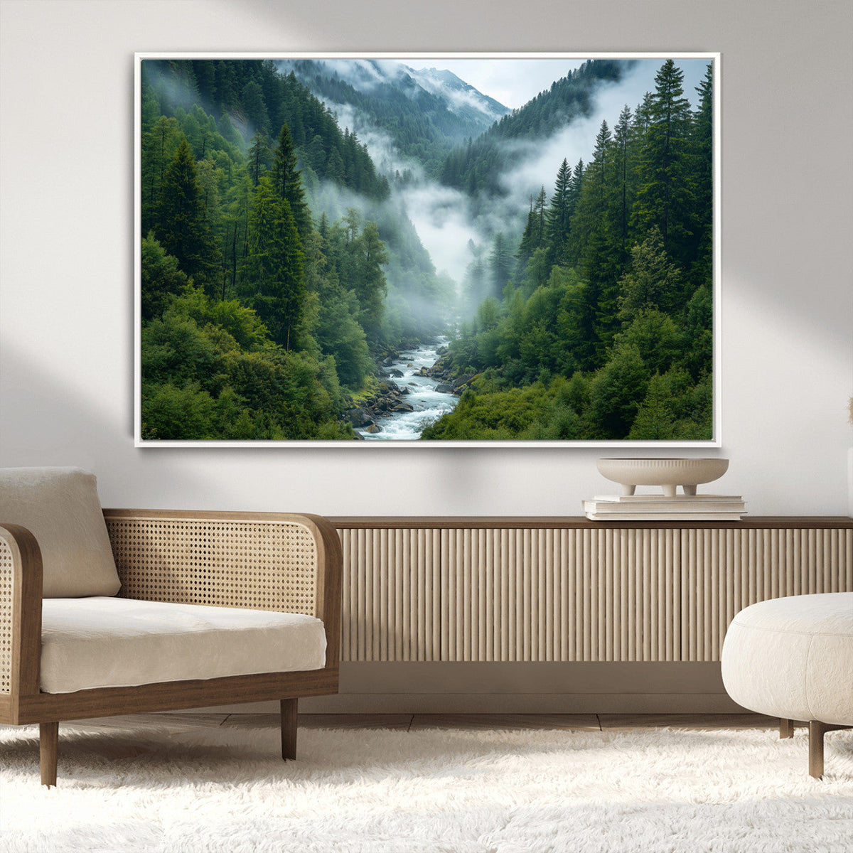 Mountain Forest River Canvas Wall Art Print - Serene Nature