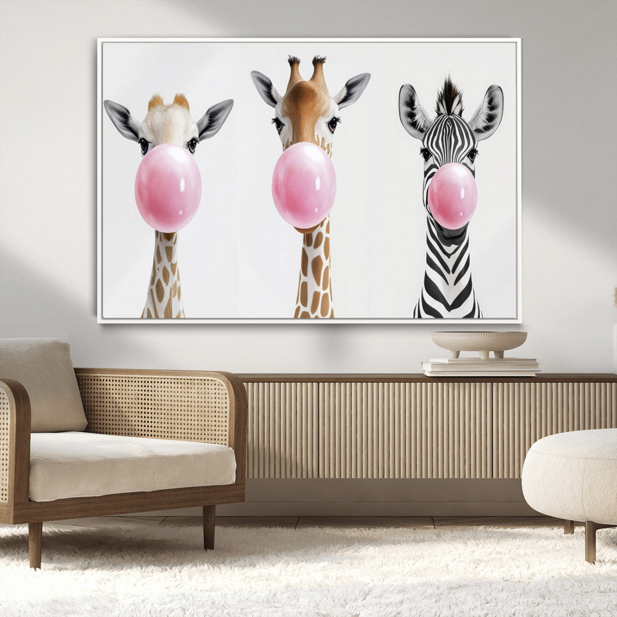 Bubblegum Animals Canvas Wall Art - Playful Giraffe and
