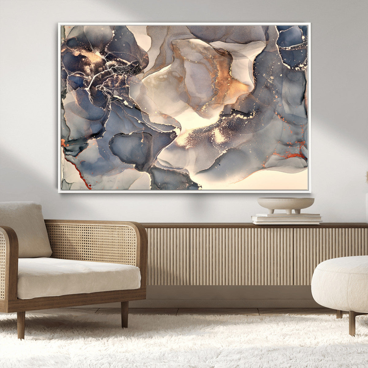 Abstract Blue and Gold Wall Art - Fluid Ink Artwork - Modern