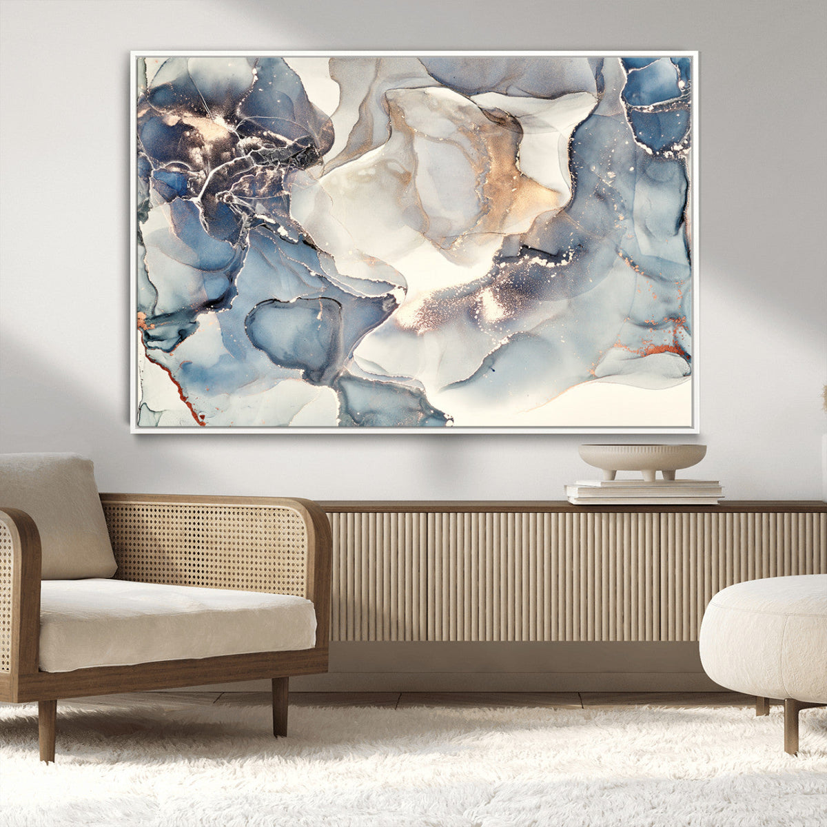Abstract Blue and Gold Canvas Wall Art - Fluid Modern Ink