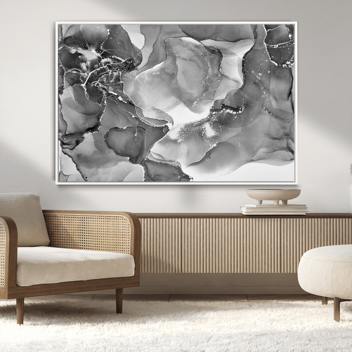 Black White Abstract Canvas Wall Art - Fluid Ink Artwork -