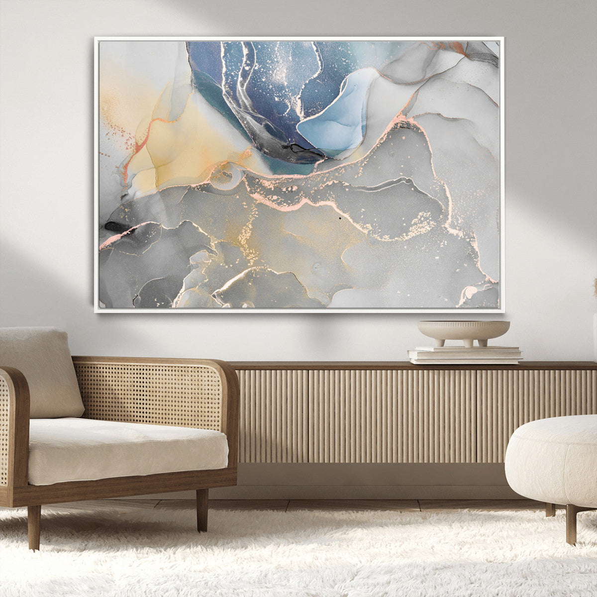 Large Abstract Blue and Gold Canvas Wall Art | Fluid Ink