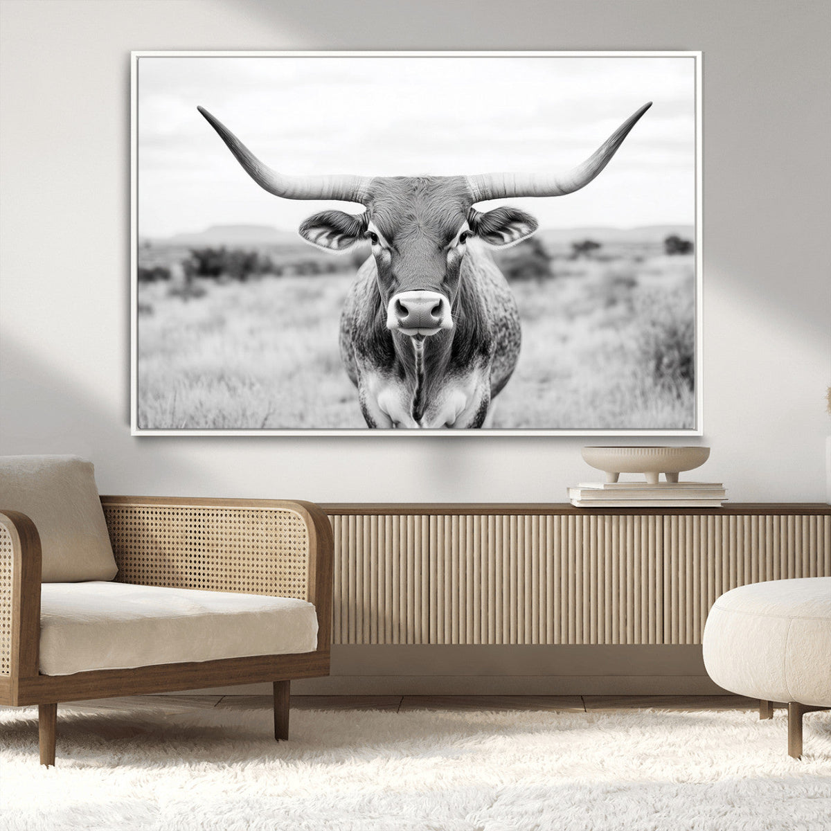 Highland Cow Wall Art Canvas Print – Black and White Western