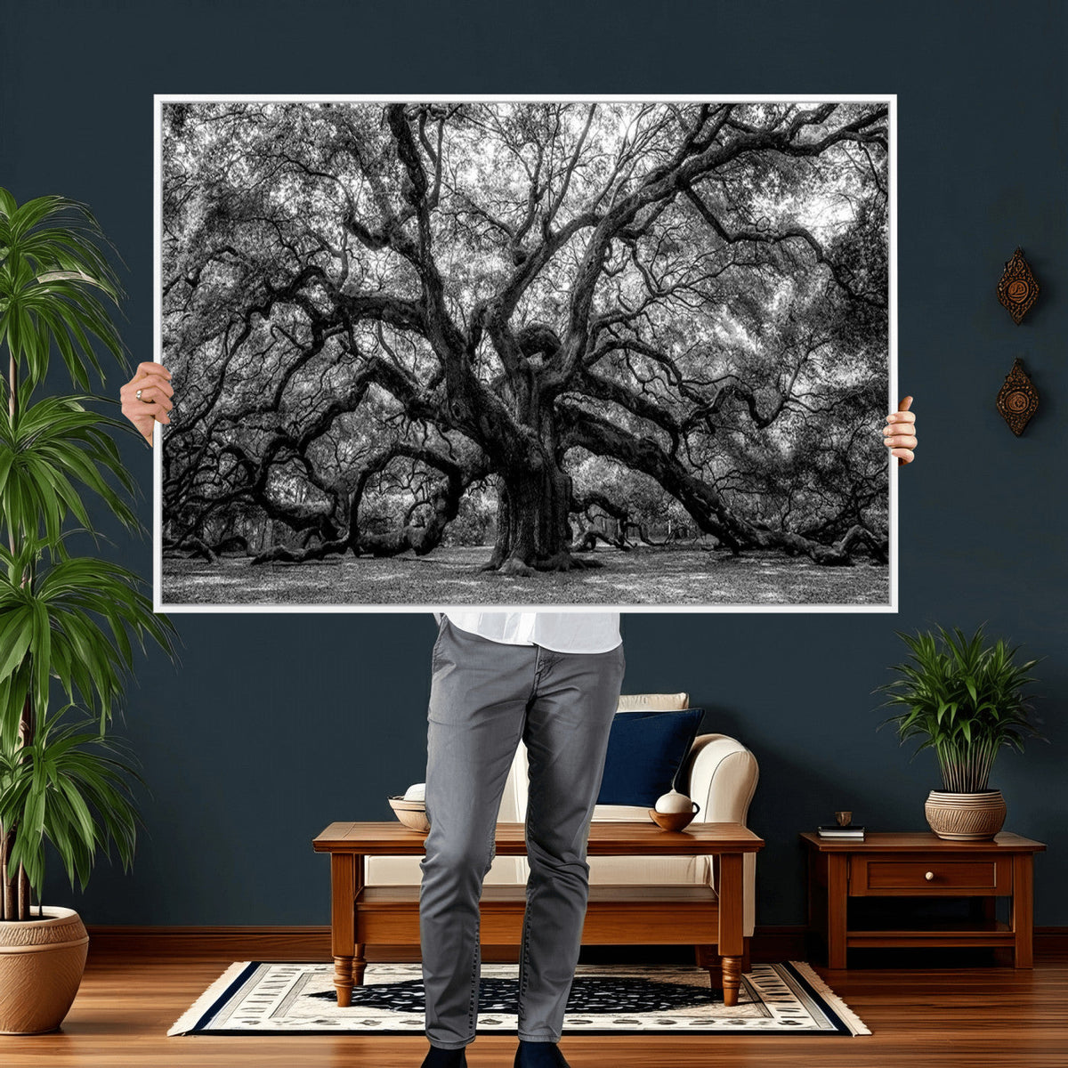 Black and White Old Angel Oak Tree Wall Art Canvas Print