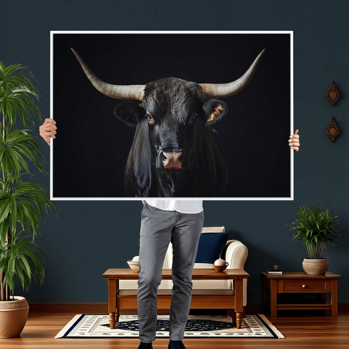 Majestic Longhorn Bull Wall Art Canvas Print – Dark