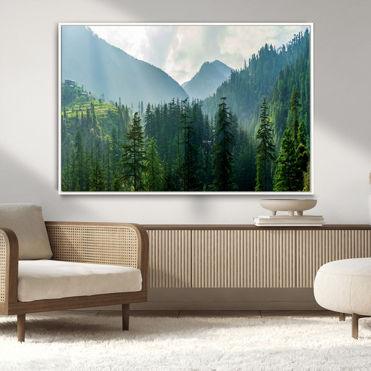 Misty Forest Mountain Wall Art Canvas Print – Framed Serene
