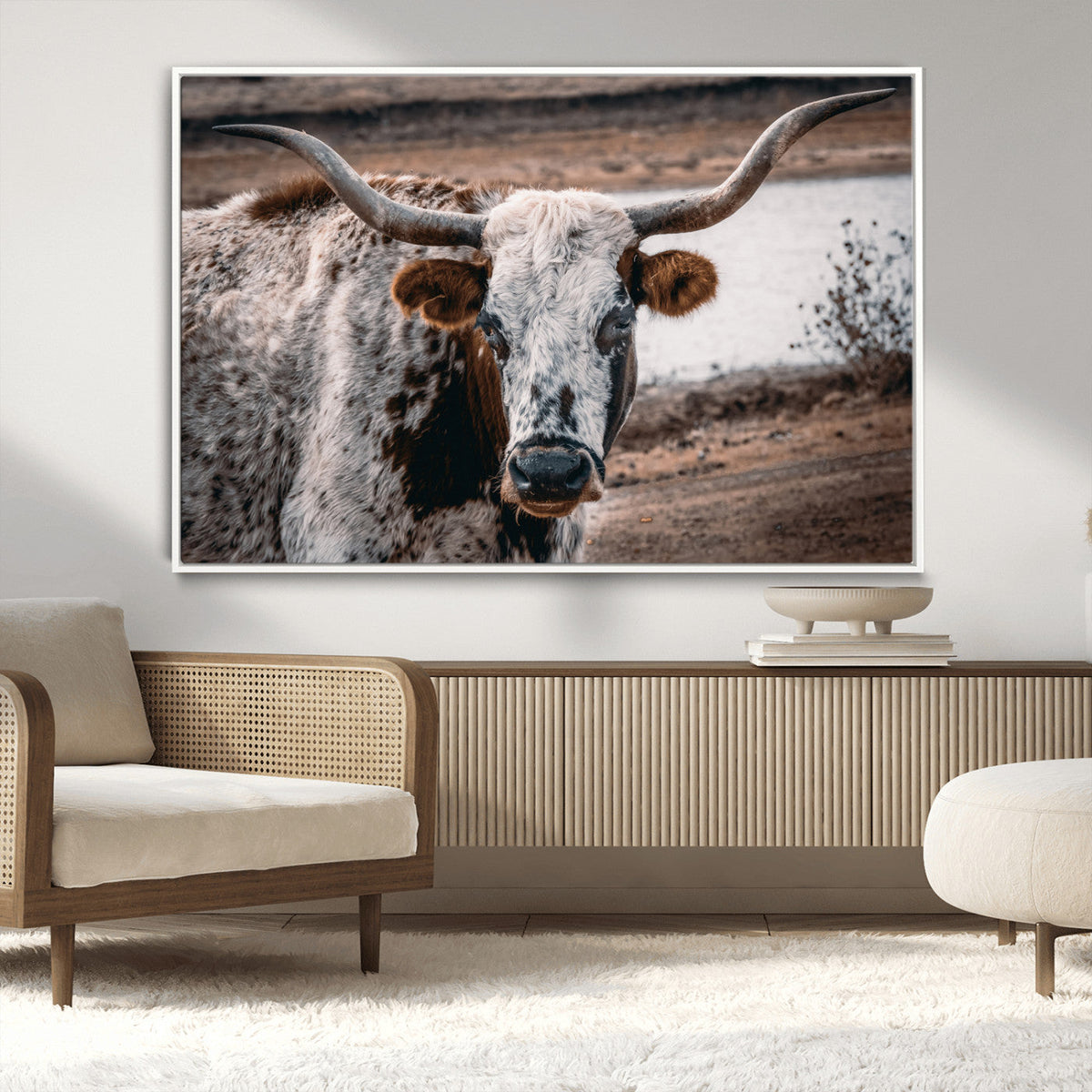 Texas Longhorn Wall Art Canvas Print – Framed Spotted Bull