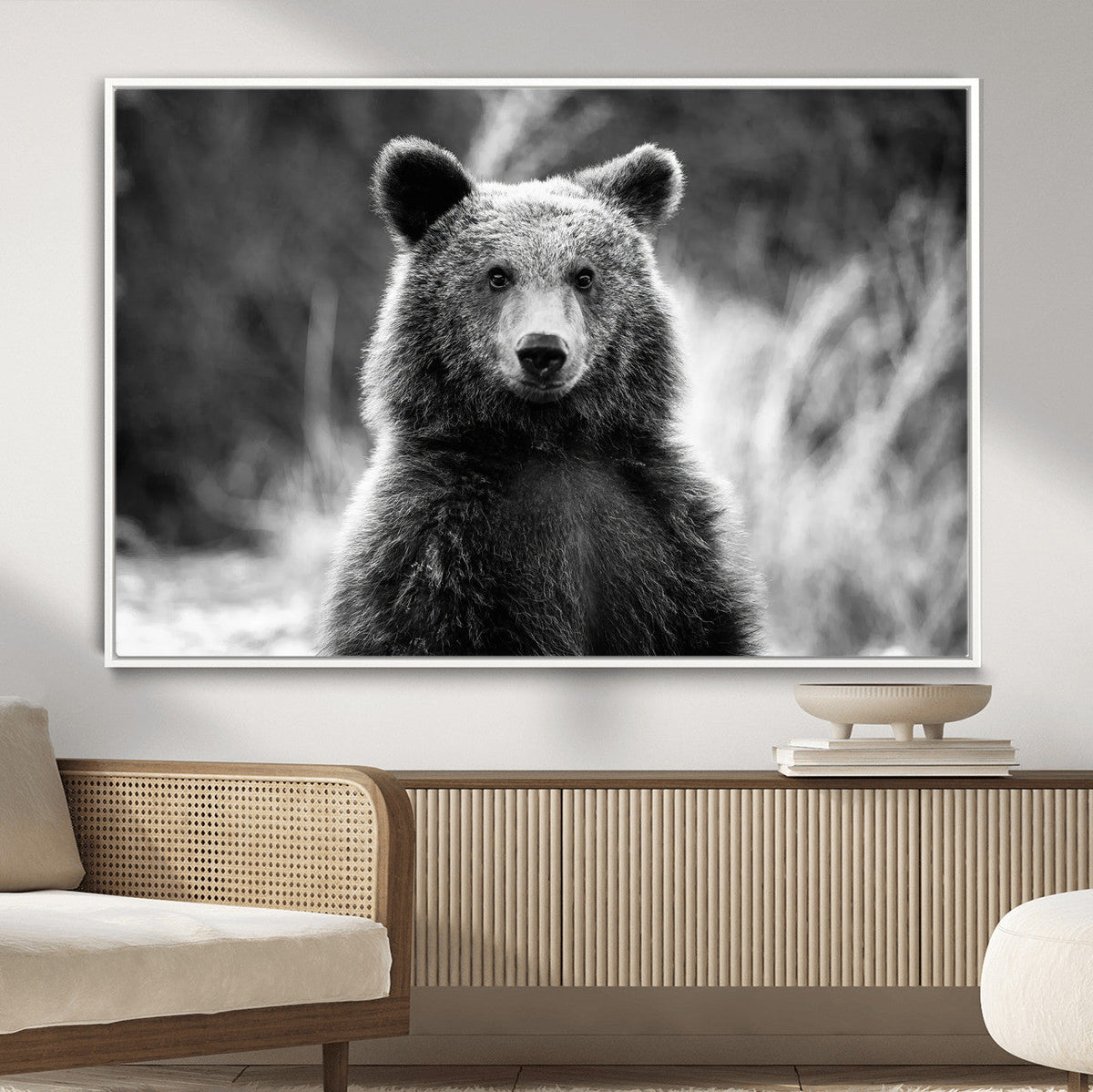 Grizzly Bear Wall Art Canvas Print – Framed Black White