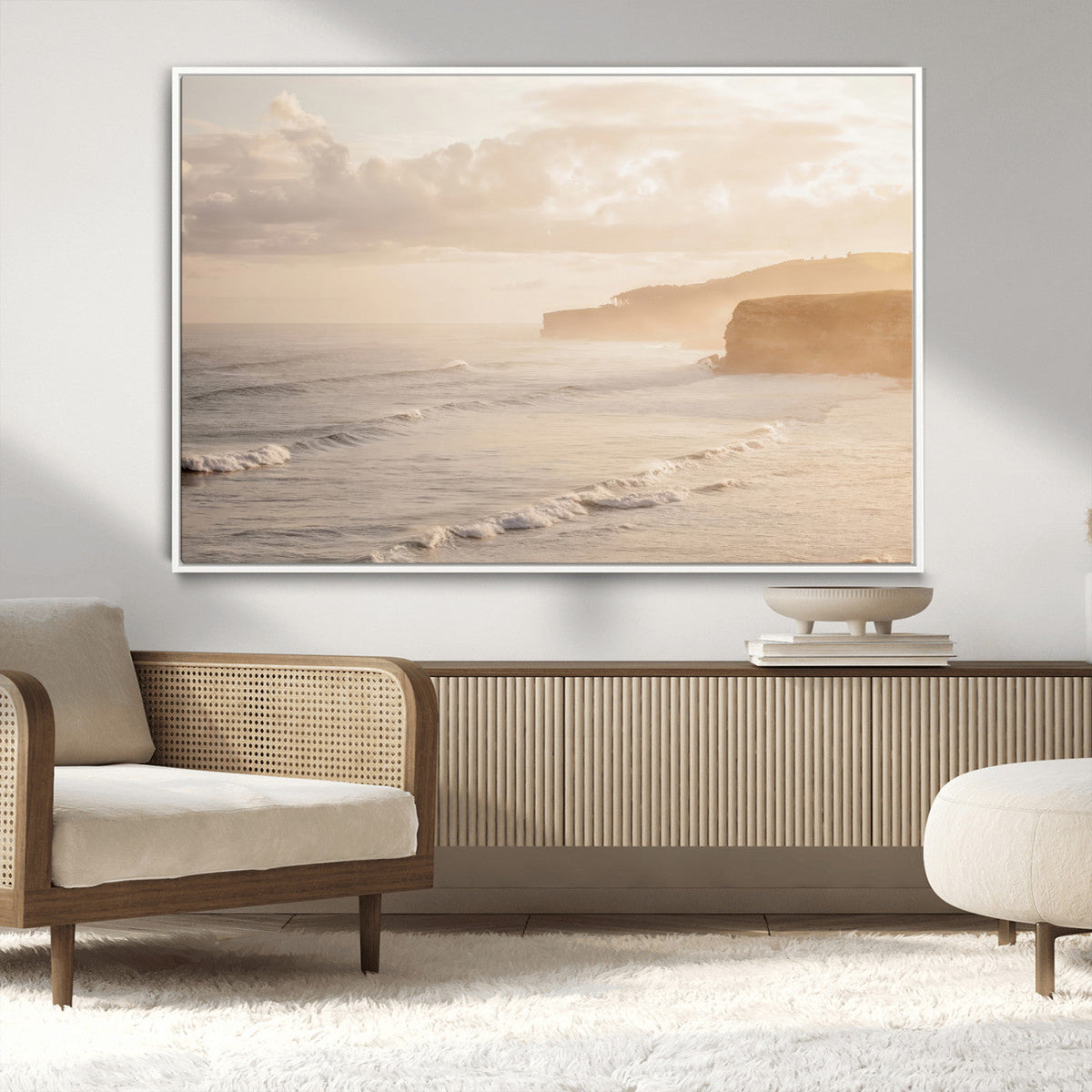 Misty Coastal Wall Art Canvas Print – Framed Golden Sunset
