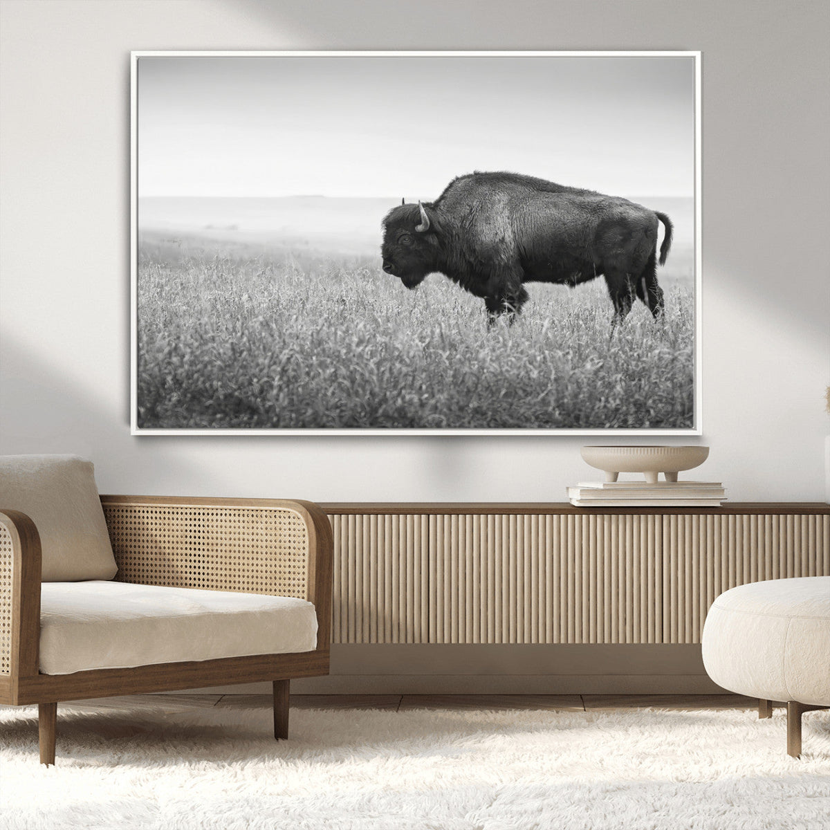 Bison in Prairie Wall Art Canvas Print – Framed Rustic