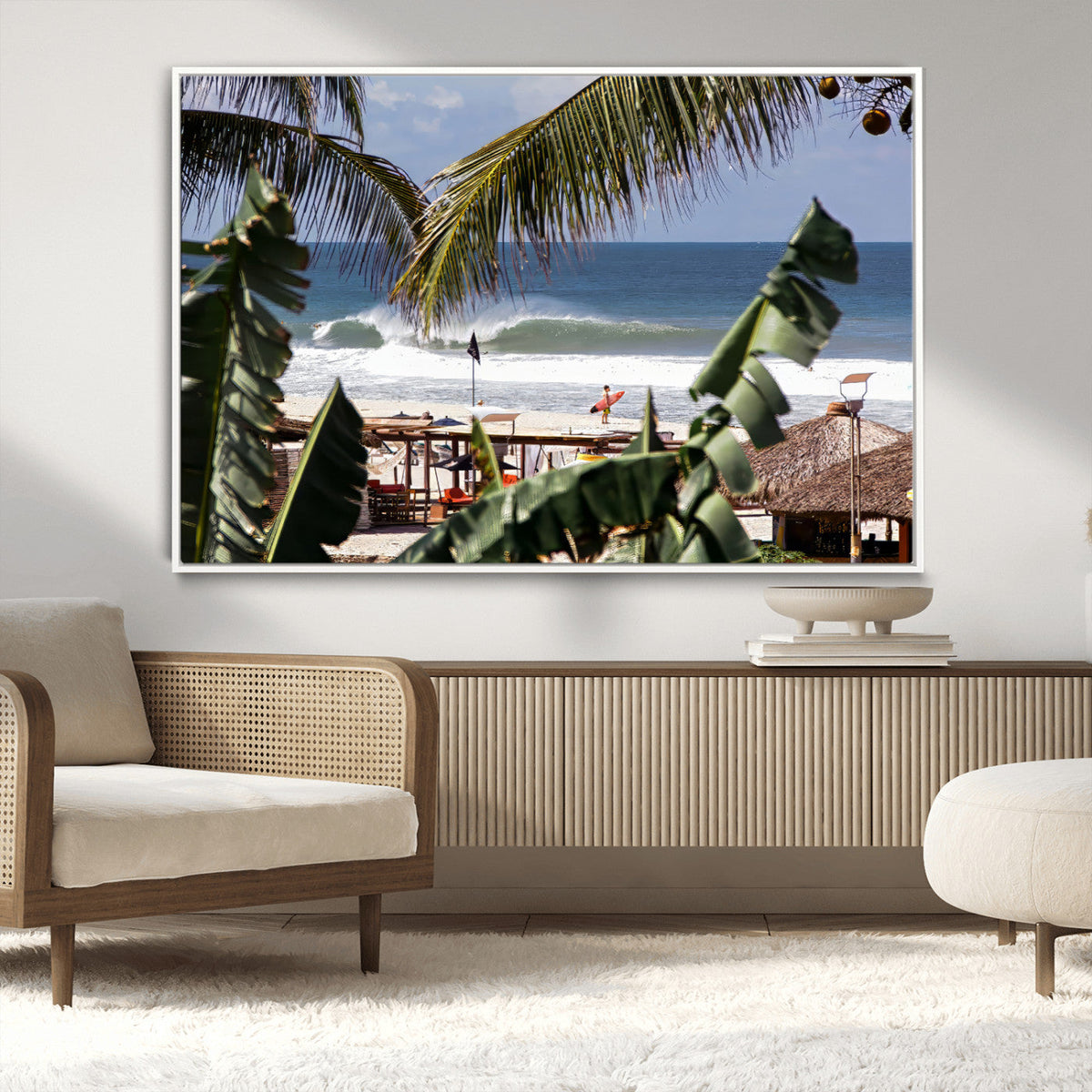 Tropical Shoreline Wall Art Canvas Print – Framed Surfer