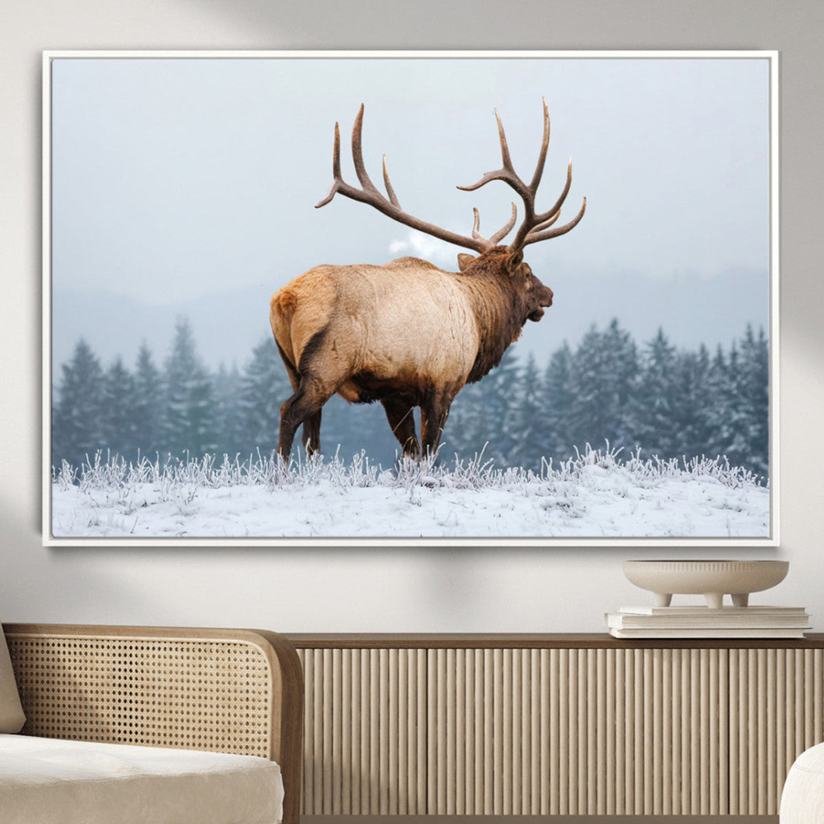 Elk Wall Art Canvas Print – Framed Snowy Forest Scene Art