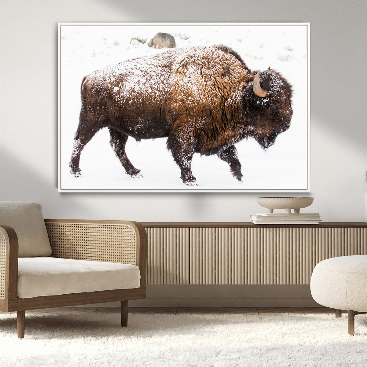 Snowy Buffalo Wall Art Canvas Print – Framed Wildlife
