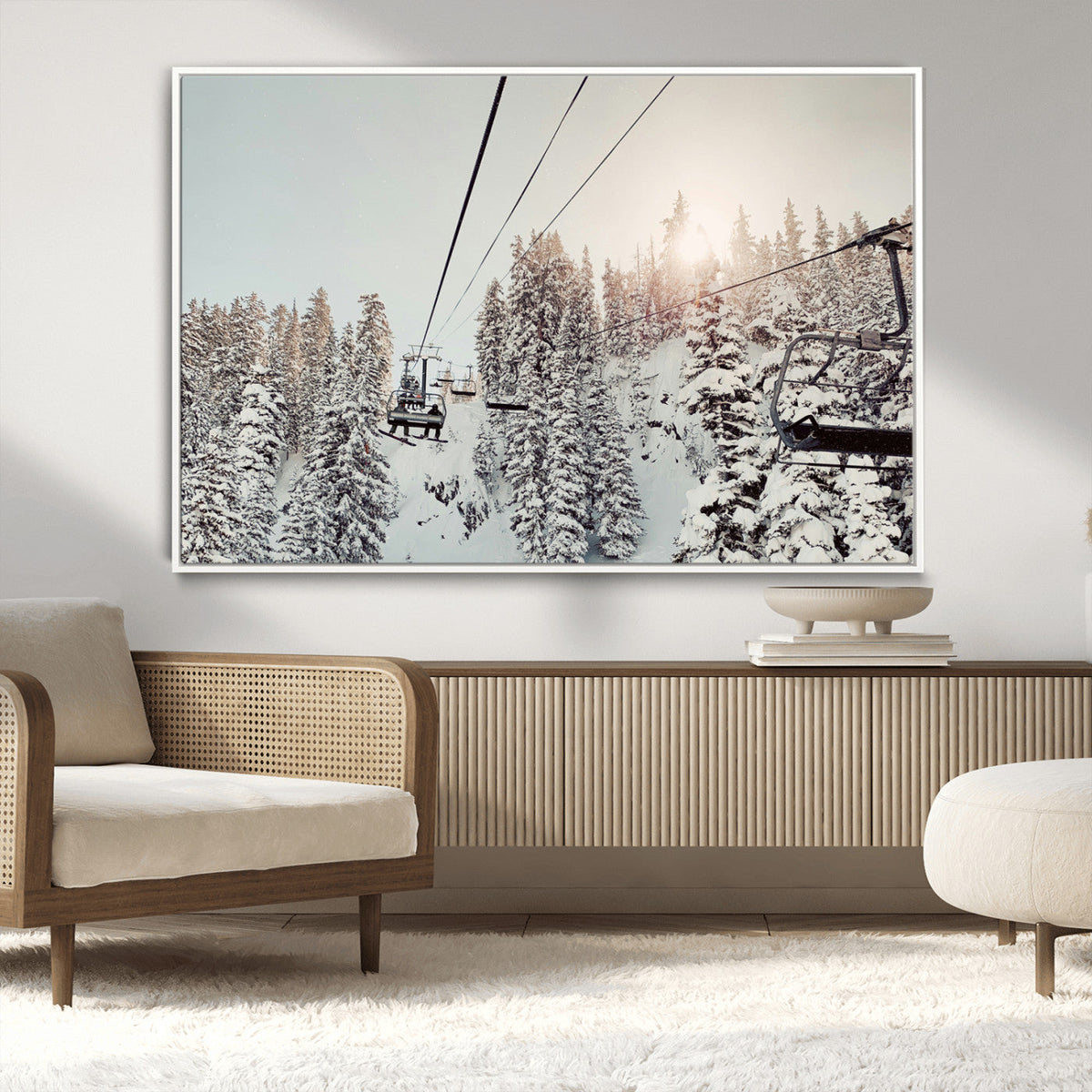 Frosty Pines Wall Art Canvas Print – Framed Cozy Cabin Ski