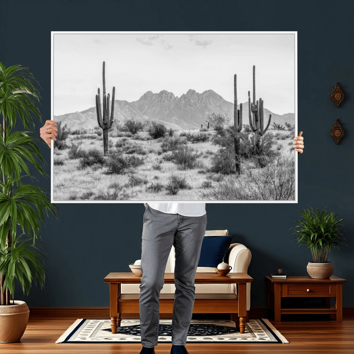 Black White Arizona Desert Canvas Wall Art Cactus Farmhouse