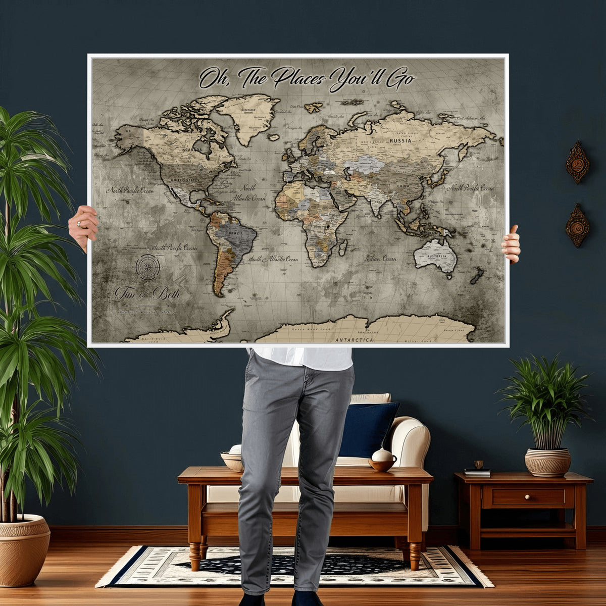 Personalized World Map Wall Art Canvas Print – Custom Push