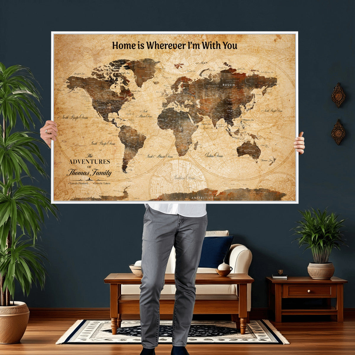 Vintage World Map Canvas Wall Art Print, Personalized
