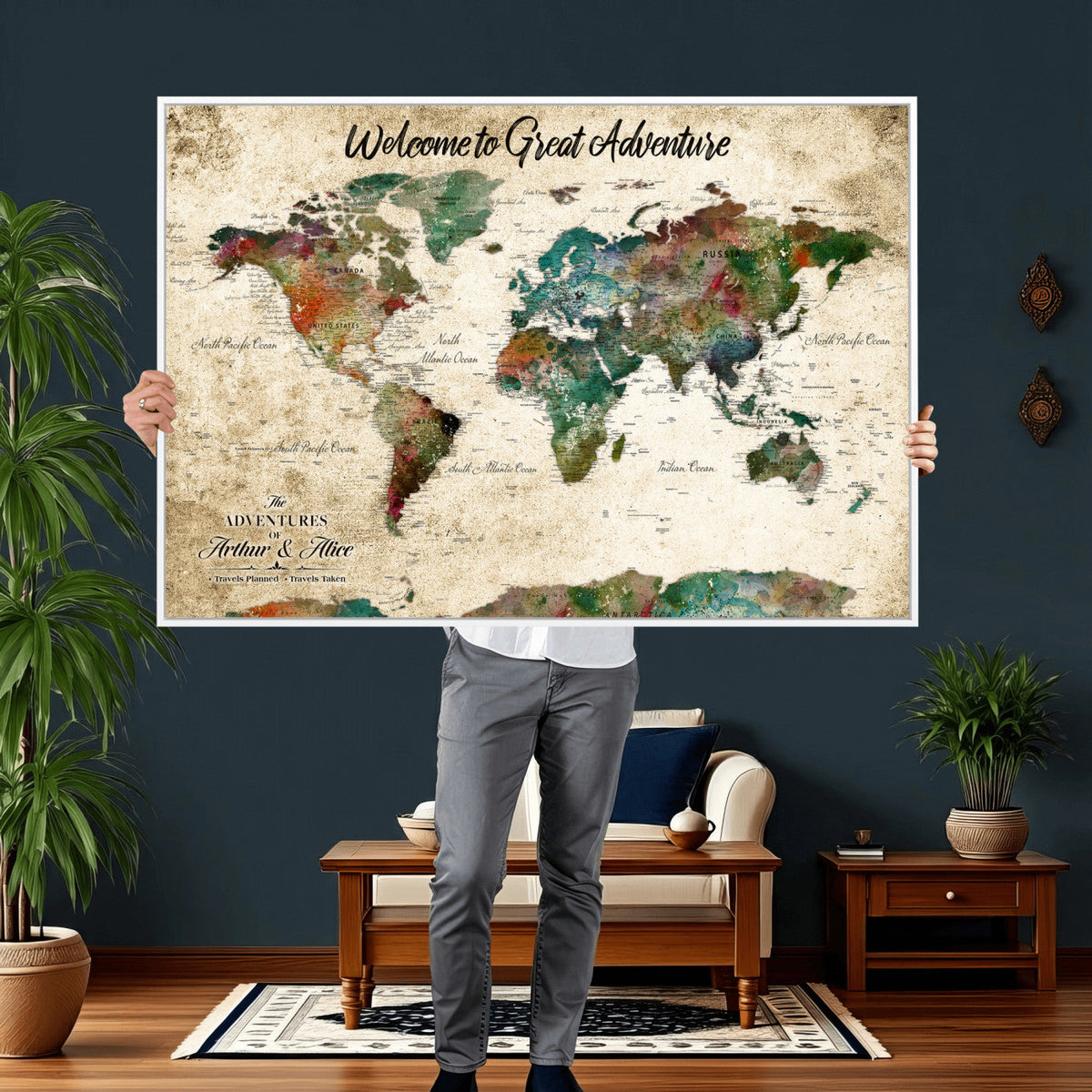 Grunge Personalized World Map Wall Art Canvas Print – Custom
