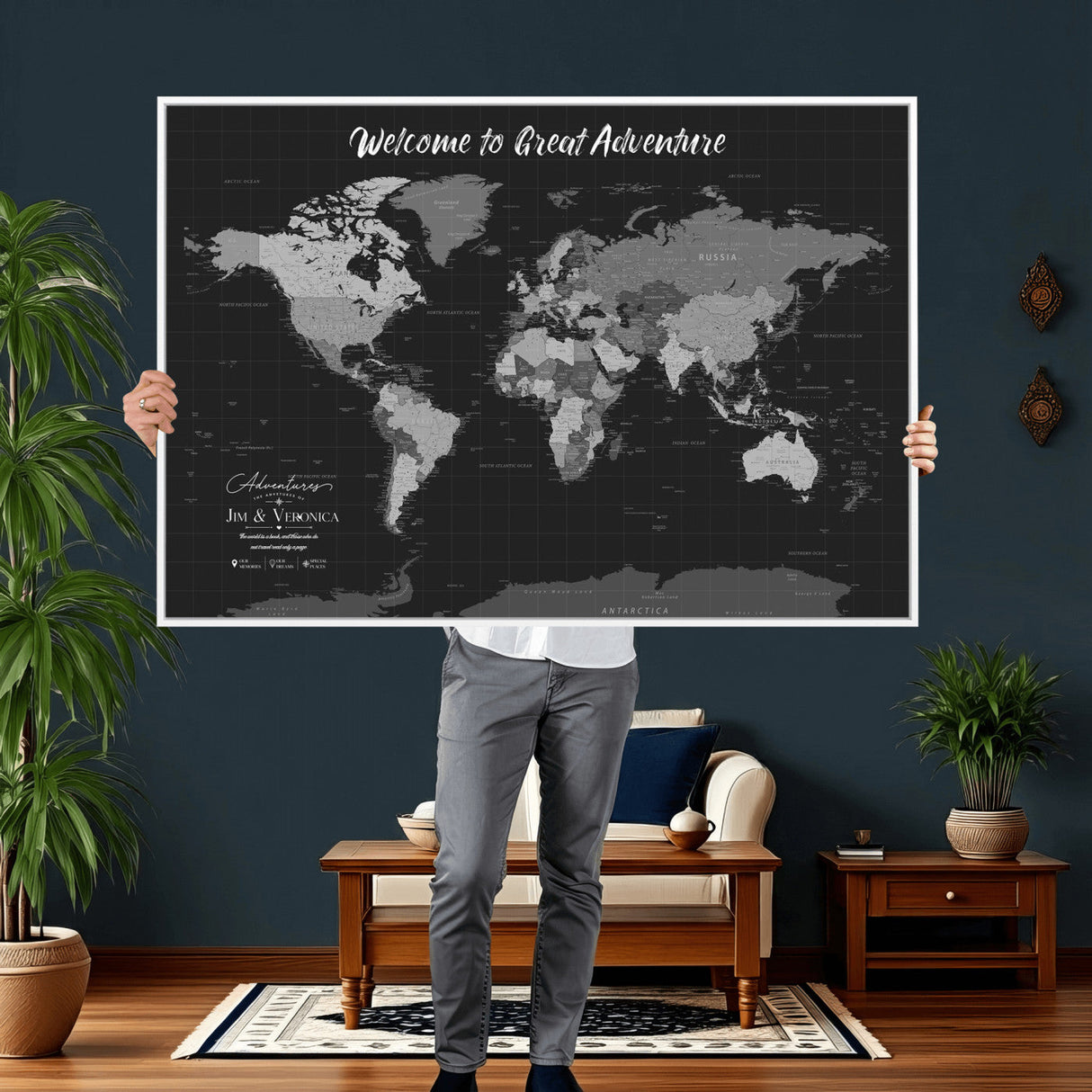 Custom World Map Canvas with Pins – Custom Framed Push Pin Maps - NEWMAP-21