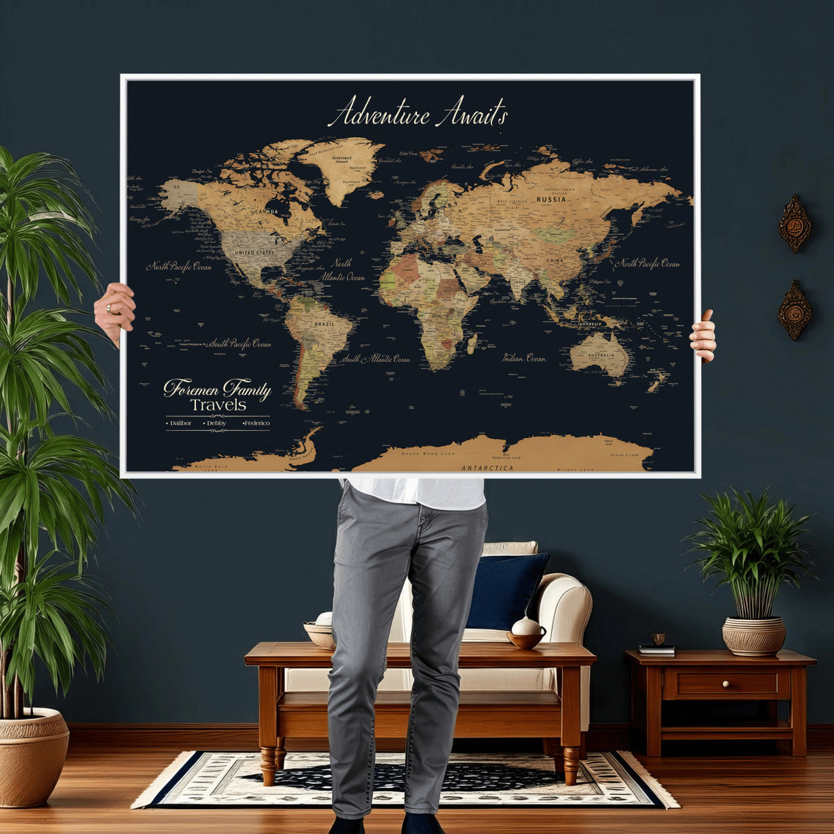Personalized Family Travel Map Canvas – Custom Framed Push