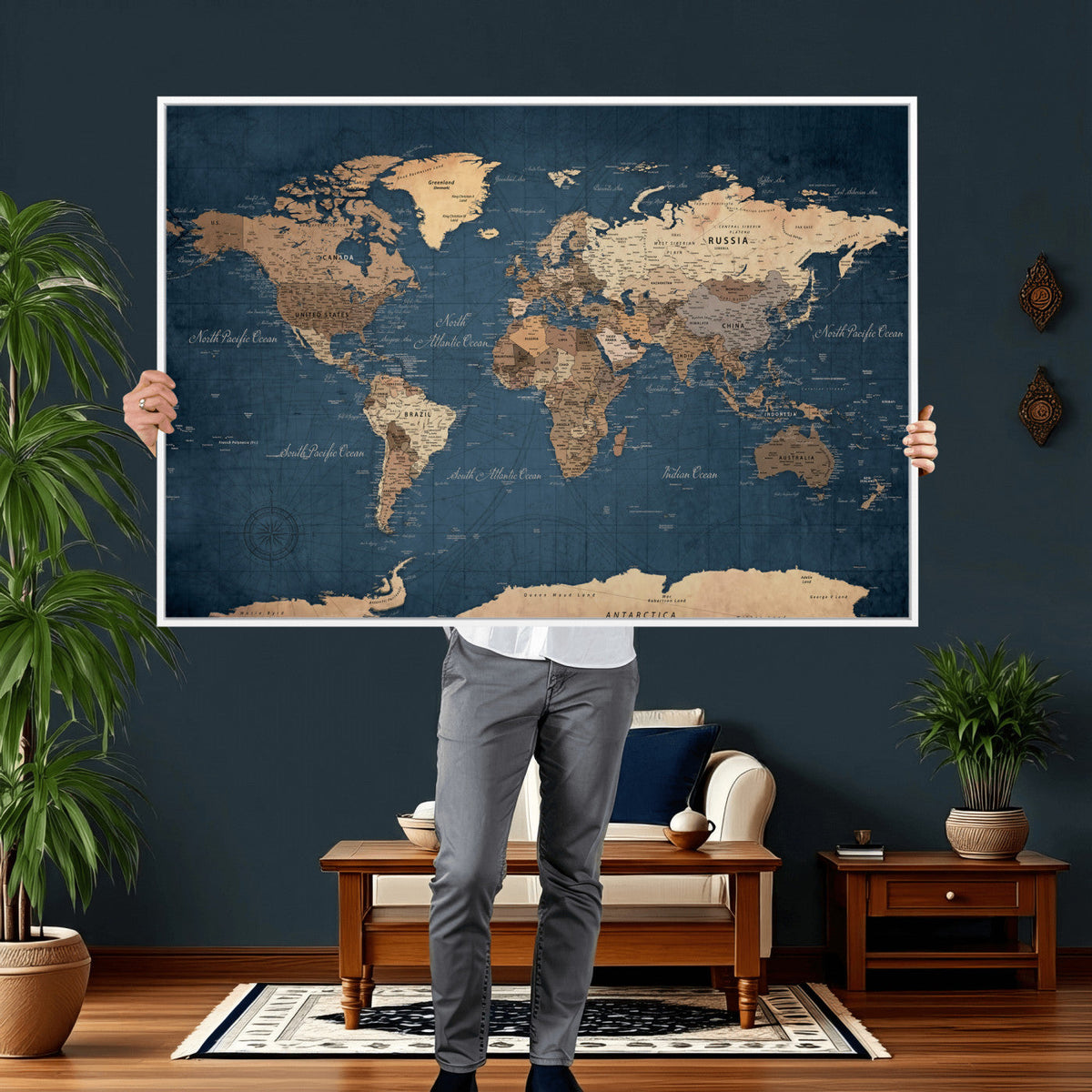 Navy Blue World Map Canvas Print – Framed Travel Map Wall