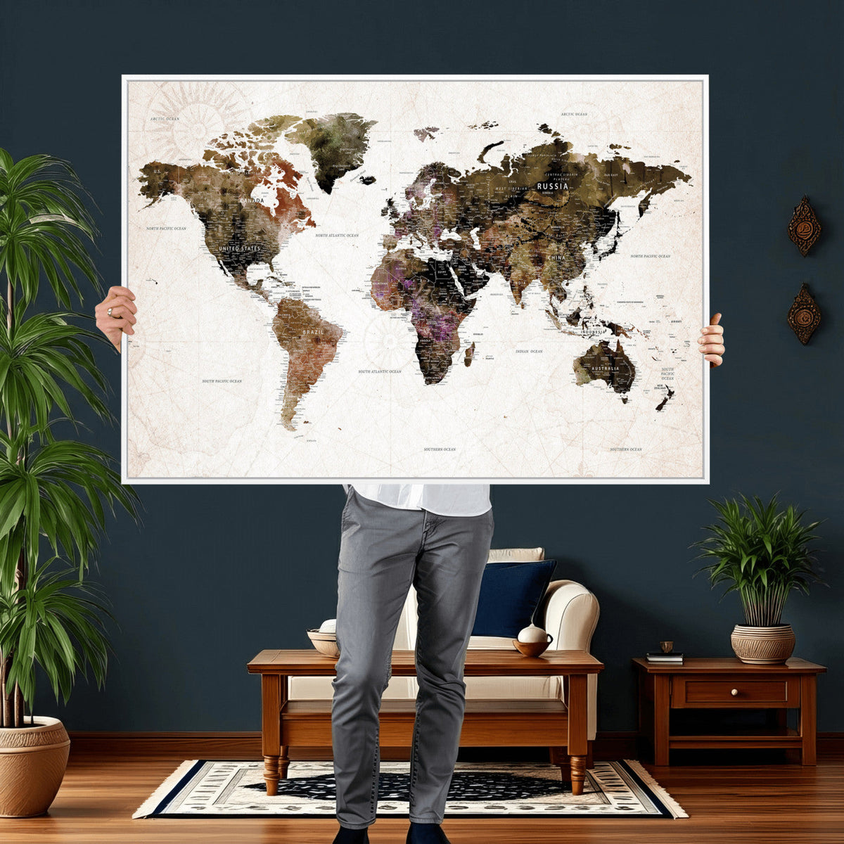 Watercolor World Map Print - Large Wall Art Canvas Print for