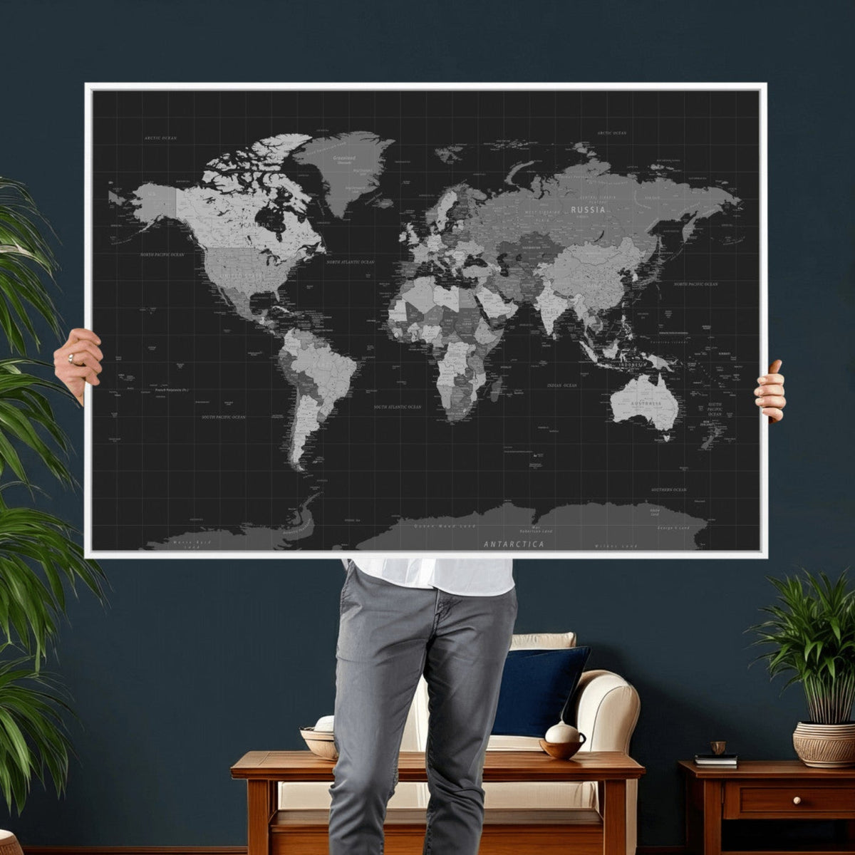 Black World Map Wall Art Canvas Print – Detailed Map of the