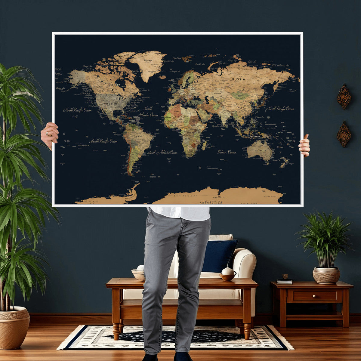 Vintage World Map Canvas on the Dark Background Wall Art