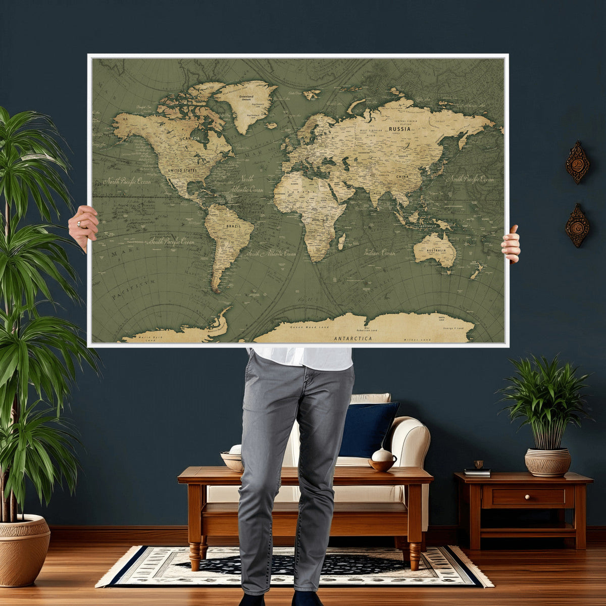 Large World Map Canvas Wall Art Print for Study Room Decor -