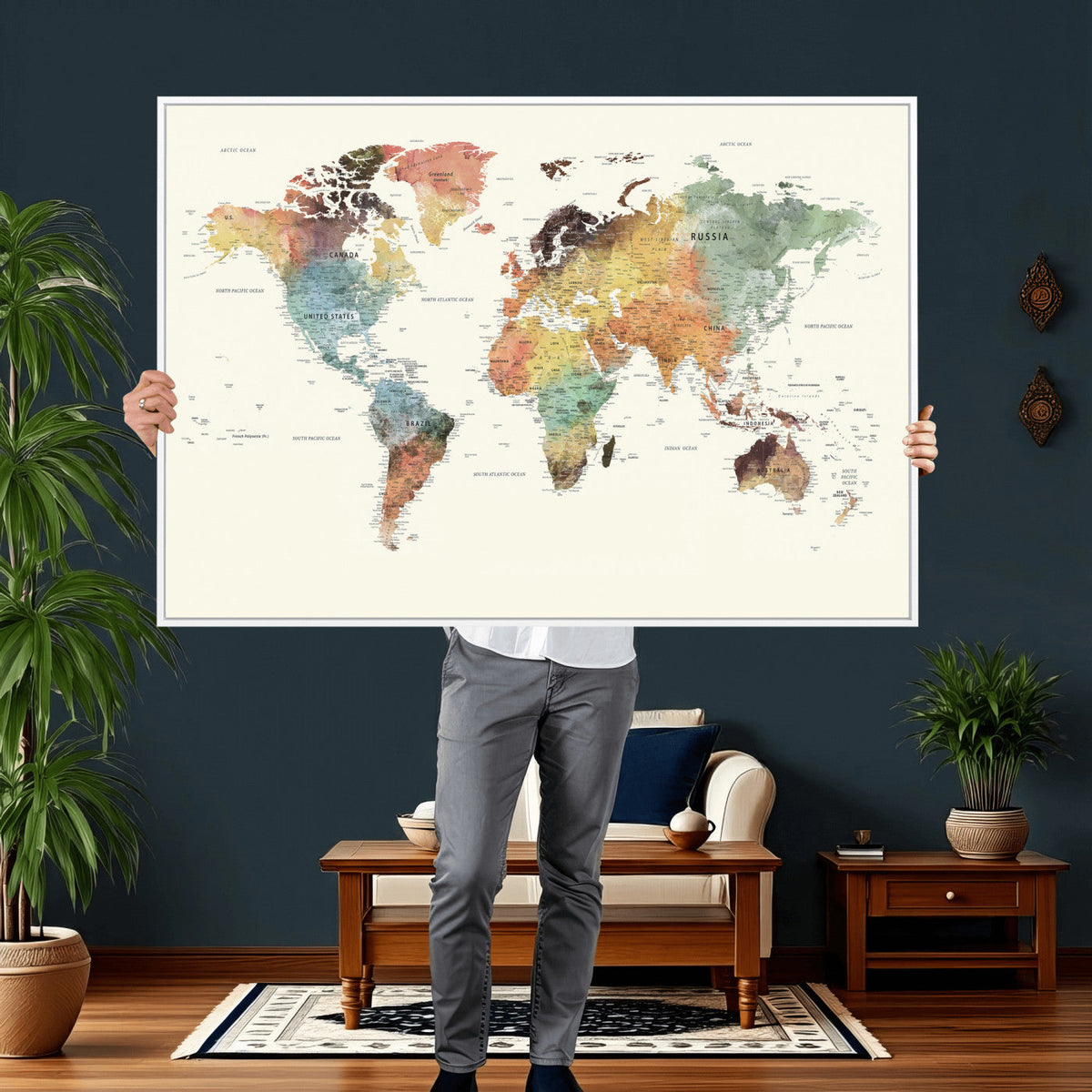 Framed World Map Wall Art Canvas Print for Living Room and
