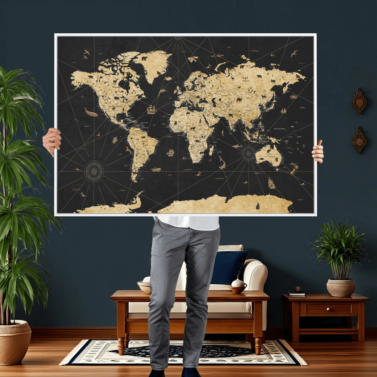 Vintage Blue and Brown World Map Canvas Wall Art – Framed