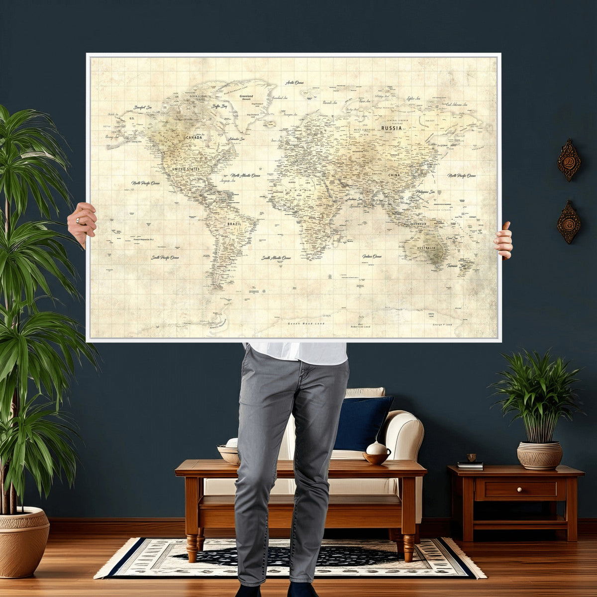 Colorful Watercolor World Map Canvas Wall Art – Framed